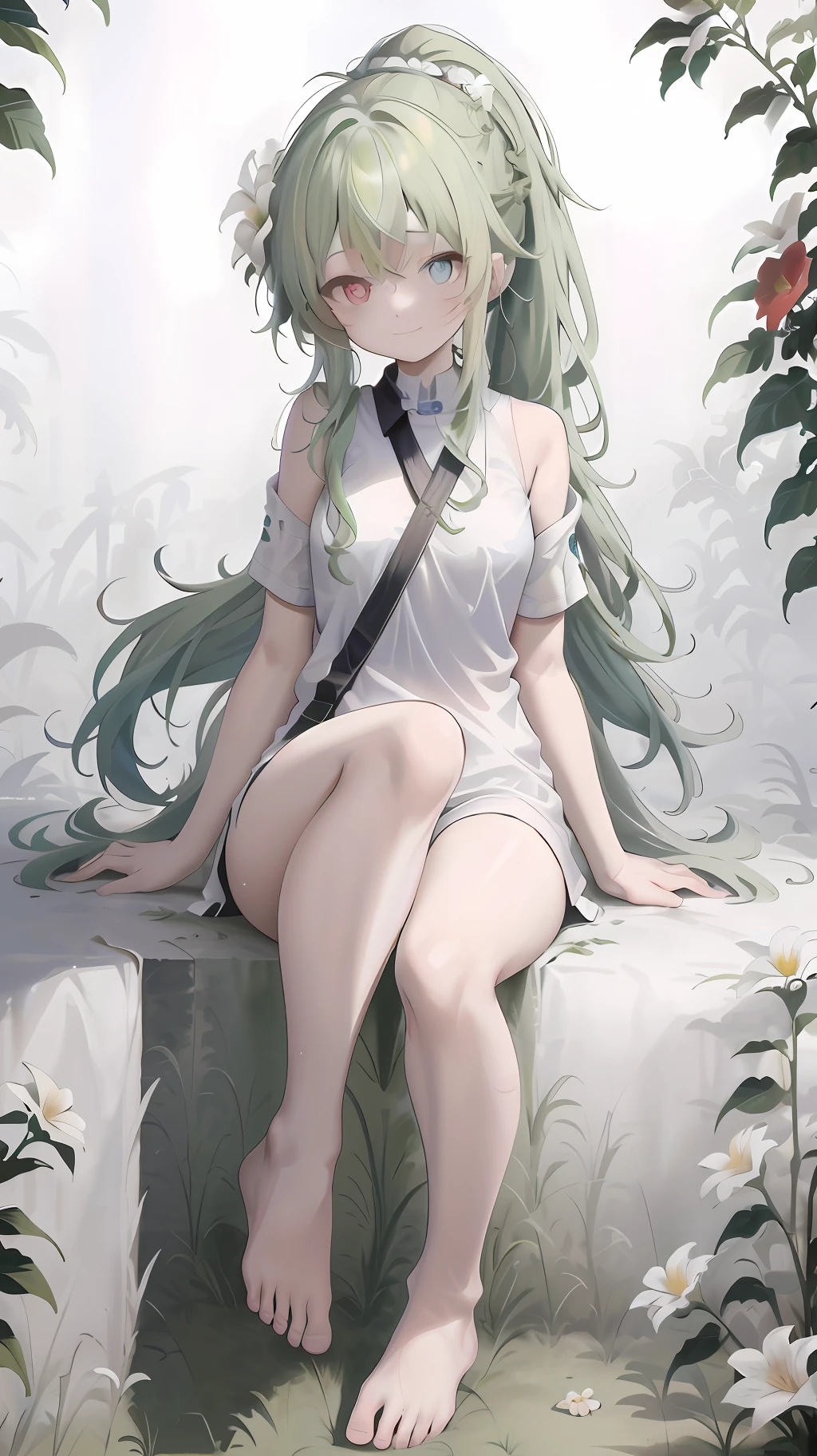 (8k, best quality, masterpiece: 1, 2), (realistic, realistic: 1, 37), top quality, masterpiece, no inner inside, glasses, green hair, long hair, bangs, big ponytail, heterochromia, blue pupil of left eye, red pupil of right eye, angel wings, head ring, white head flower, casual wear, black backpack strap, neck strap, bare foot, bare foot, single foot, leg ring, flat chest, tomboy