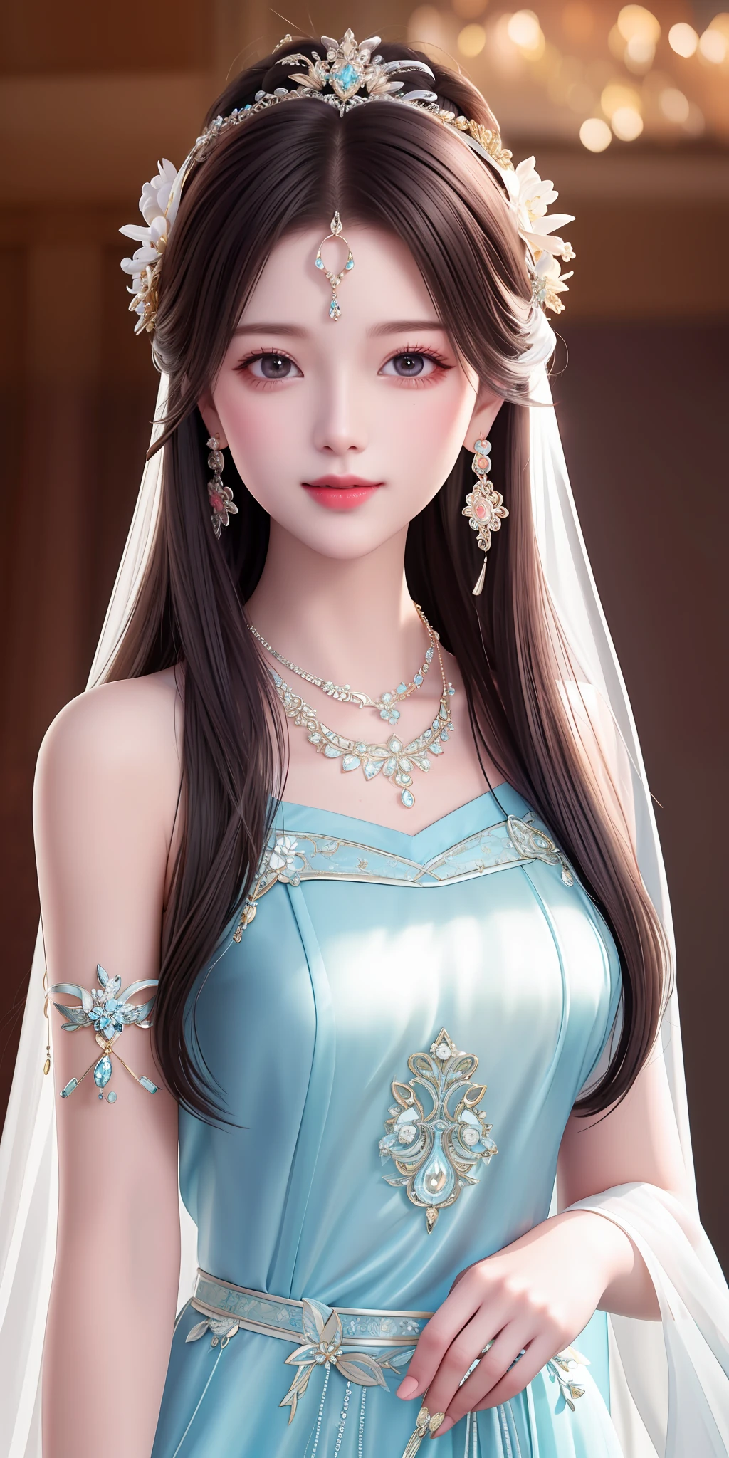 Best quality, masterpiece, high resolution, 1girl, clear silk porcelain dress, beautiful face, hair accessories, looking at the audience, smiling, close your mouth, lips, dress, hair accessories, necklaces, jewelry, long hair, earrings, beautiful face, on the body, Tindal effect, realism, dark studio, edge lighting, two-tone lighting, (high detail skin: 1.2), 8k UHD, DSLR, soft light, high quality, volumetric lighting, photo, high resolution 4K, 8k, blurred background