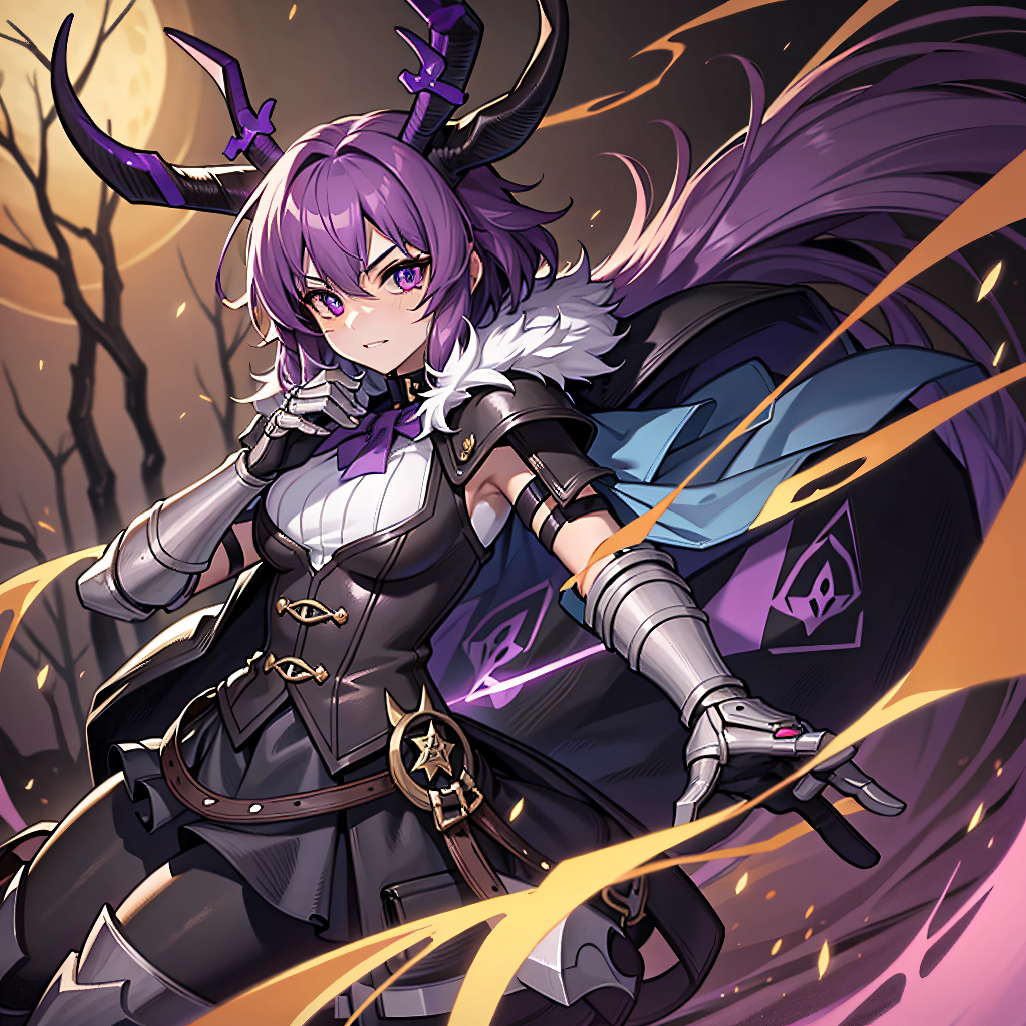 Knight Jackalope, short purple hair, jackalope antlers, dark armor(masterpiece, best quality)