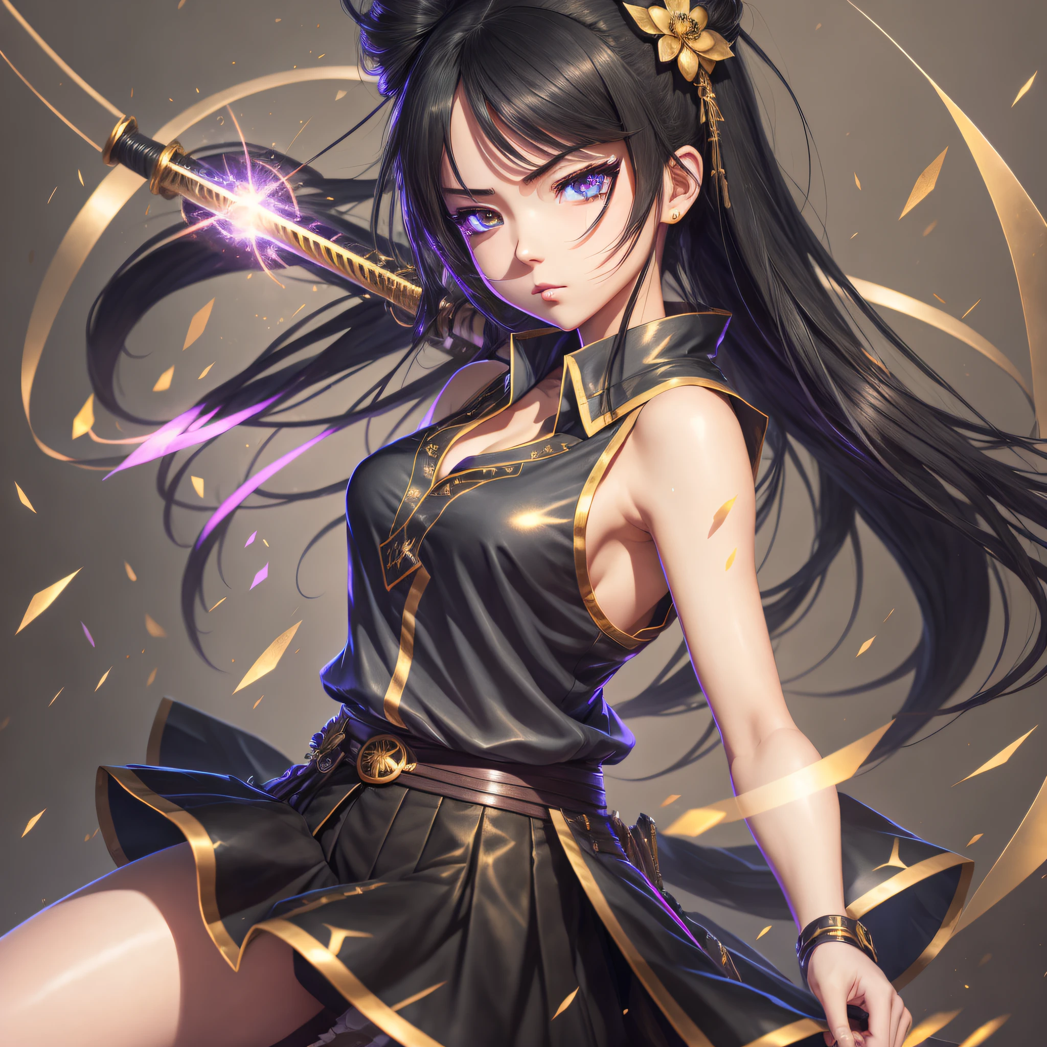 8k high definition, girl, anime, sleeveless blouse, short skirt, battle poze, black hair, golden eyes, katana. --auto --s2