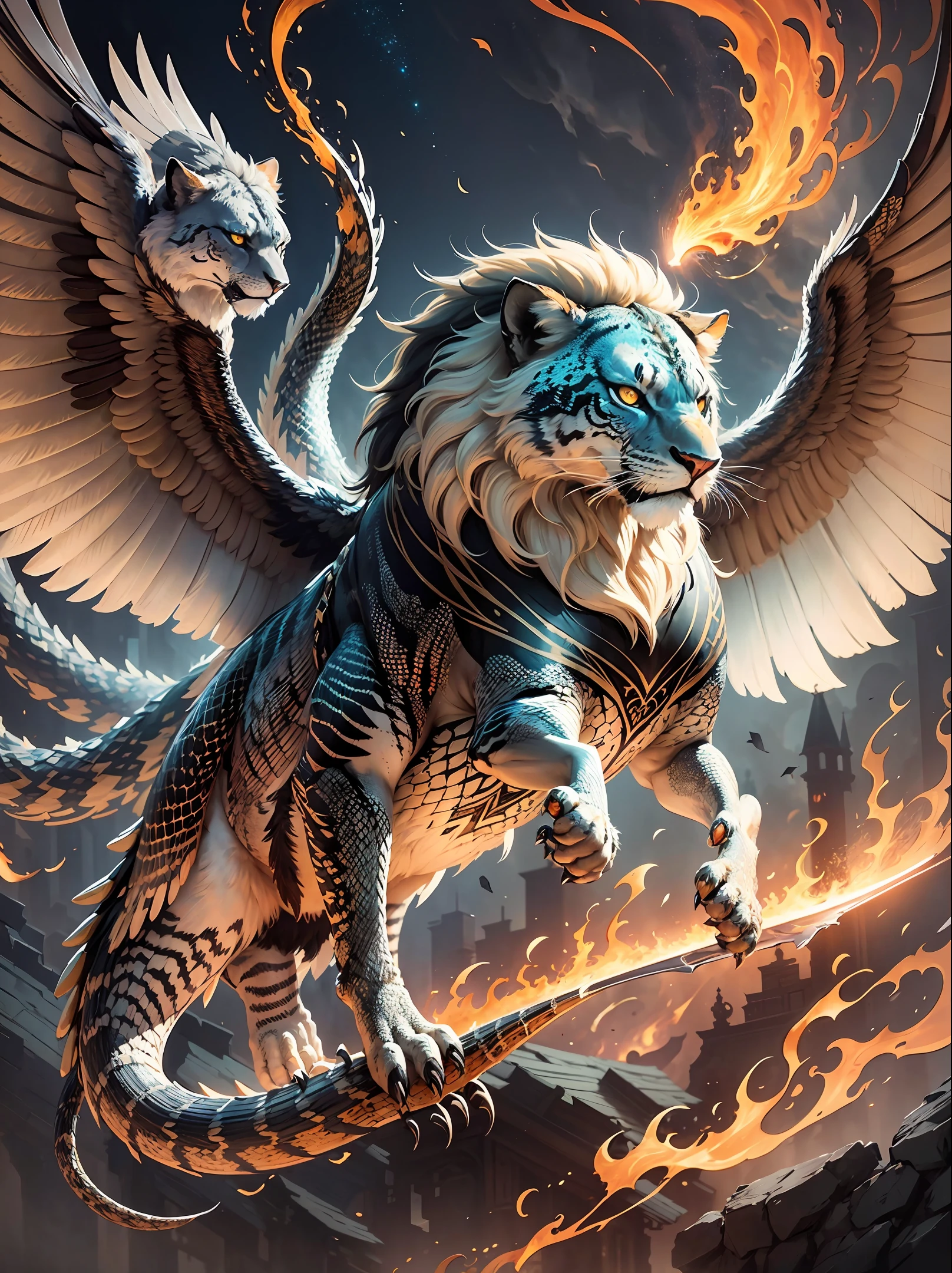 Imagine and create a hyper-realistic and hyper-detailed image featuring a surreal fusion of elements. Depict a rattlesnake with magnificent eagle wings soaring through the air. Render the serpent with intricate textures, vibrant colors, and realistic scales, capturing its powerful and dynamic motion. Give the creature fiery eyes that emit blazing flames, enhancing its mystical and awe-inspiring presence. In the background of the image, incorporate several black lions with crocodile heads, symbolizing the convergence of different animalistic qualities. Pay meticulous attention to detail, showcasing the fine features of the lions' fur, the sharpness of their teeth, and the intensity of their gaze. Create a sense of intrigue and wonder with their enigmatic presence. Embrace a surreal style that blurs the boundaries between reality and fantasy, evoking a dreamlike atmosphere. Utilize advanced techniques to achieve hyper-realism, ensuring that every aspect of the image is rendered with meticulous precision. Let the final result be a visually captivating composition that transports viewers to a realm of imagination and invites them to ponder the mesmerizing beauty and mysticism of this fantastical world --auto --s2