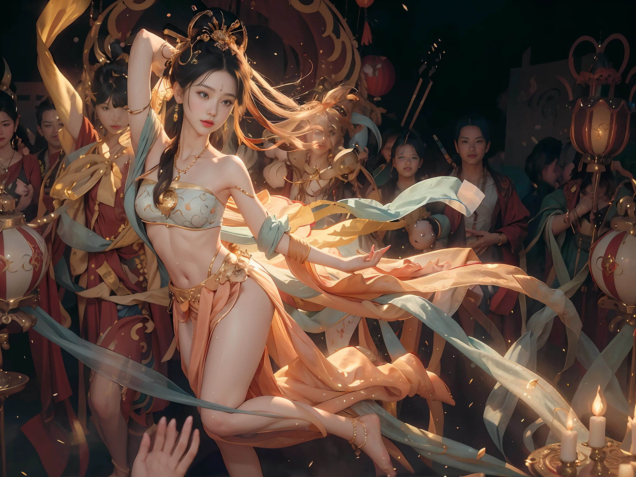 (RAW Photo, Best Quality), (Realistic, Photorealistic True: 1.3), Best Quality, Highly Detailed, Masterpiece, Ultra Detailed, Illustration, 2-Girls, upper_body, Dynamic Angle, World Mastery Theater, messy_long_hair, Best Quality, Extremely Delicate Beautiful Girl, Supple Fair Skin, Earrings, Gold Ornaments, Hair Bubbles, Copper Bells, Delicate Facial Features, Perfect Face, Sexy Collarbone, Barefoot, No Shoes, Delicate Forehead Hands, Delicate eyelashes, delicate eyes, bare shoulders, back to screen, stunning beauty, extreme details, realistic details, abdomen, navel, extremely detailed CG unified 8k wallpaper, ink, amazing, sexy, peach blossom eyes, light makeup, smile, movie lights, lens_flare, dunhuang_style, mother-in-law dance, bare shoulders, streamers, floating, lanterns, flying pipa girl,