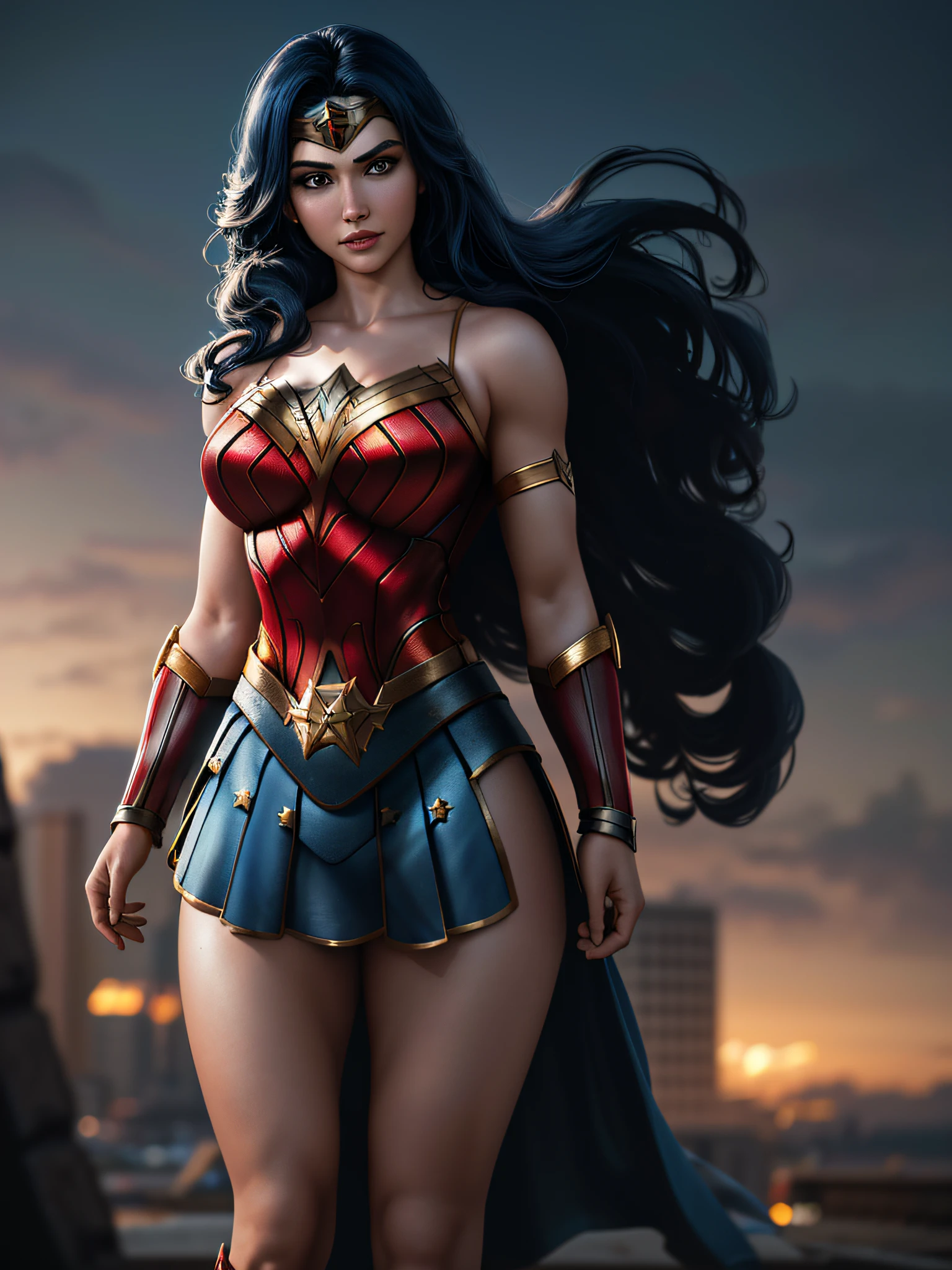 wearing wonder_woman_cosplay_outfit, in front of a sky, 
good hand,4k, high-res, masterpiece, best quality, head:1.3,((Hasselblad photography)), finely detailed skin, sharp focus, (cinematic lighting), night, soft lighting, dynamic angle, [:(detailed face:1.2):0.2], medium breasts, outside,