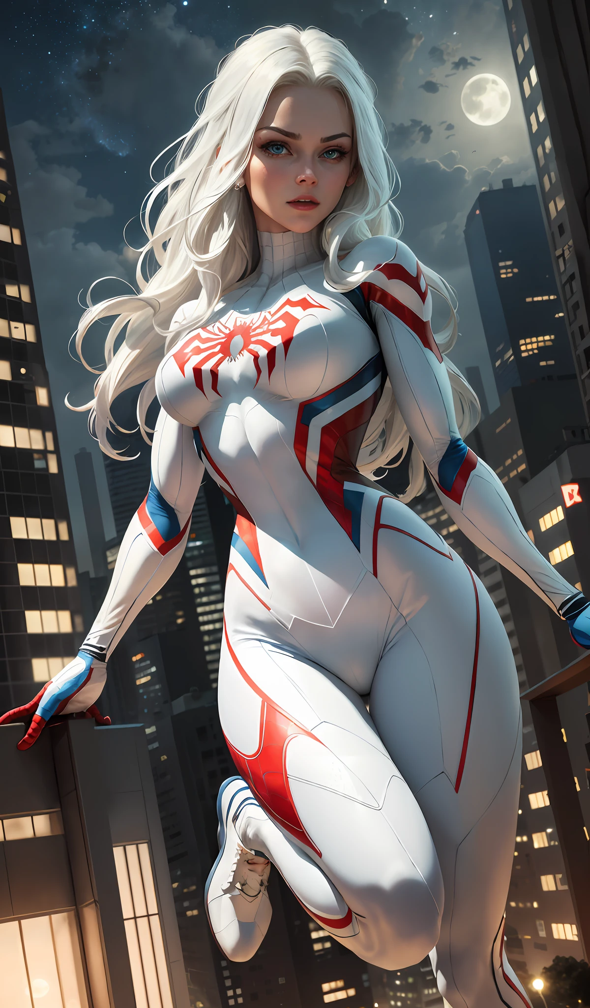 (Masterpiece, 4k resolution, ultra-realistic, very detailed), (White superhero theme, charismatic, there's a girl on top of town, wearing Spider-Man costume, she's a superhero), [ ((25 years), (long white hair:1.2), full body, (blue eyes:1.2), ((Spider-Man pose),show of strength, jumping from one building to another), ((sandy urban environment):0.8)| (cityscape, at night, dynamic lights), (full moon))] # Explanation: The Prompt mainly describes a 4K painting of ultra-high definition, very realistic, very detailed. It shows a superheroine at the top of the city, wearing a Spider-Man costume. The theme in the painting is a white superhero theme, the female protagonist has long white hair, is 25 years old and her entire body is shown in the painting. In terms of portraying the actions of superheroines, spiders are employed