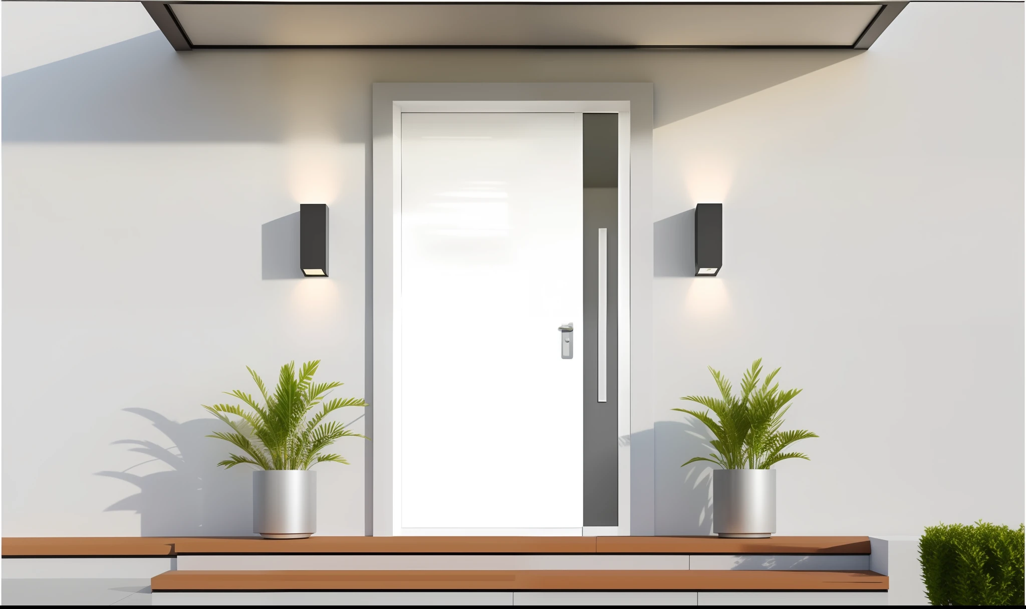 there is a white door with two plants on the steps, glossy white, doors, 3 - piece, crisp smooth clean lines, door, 3 doors, front symetrical, tall entry, most popular, glossy white metal, crisp clean shapes, sleek white, balcony door, white panels, crisp smooth lines, high quality rendering, modern design, modern details, inspiration