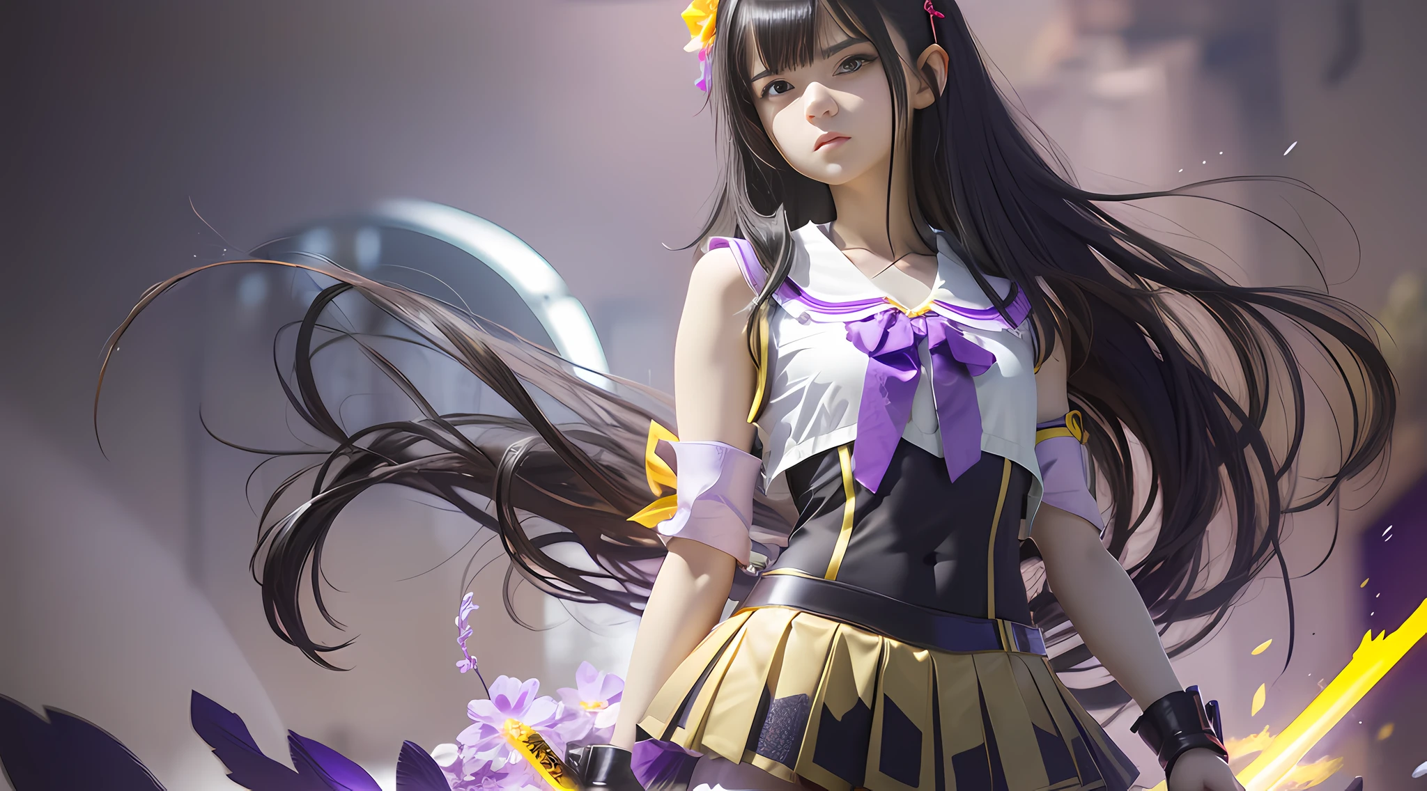 8k high definition, girl, anime, sleeveless blouse, skirt, revealing, battle poze, black hair, long, loose, blooming yellow eyes, katana. gray background, daylight, perfect body, lilac details detailed skin, small chest, tomboy girl, masterpiece, best quality, stiff nipple, high resolution, pc wallpaper. --auto --s2