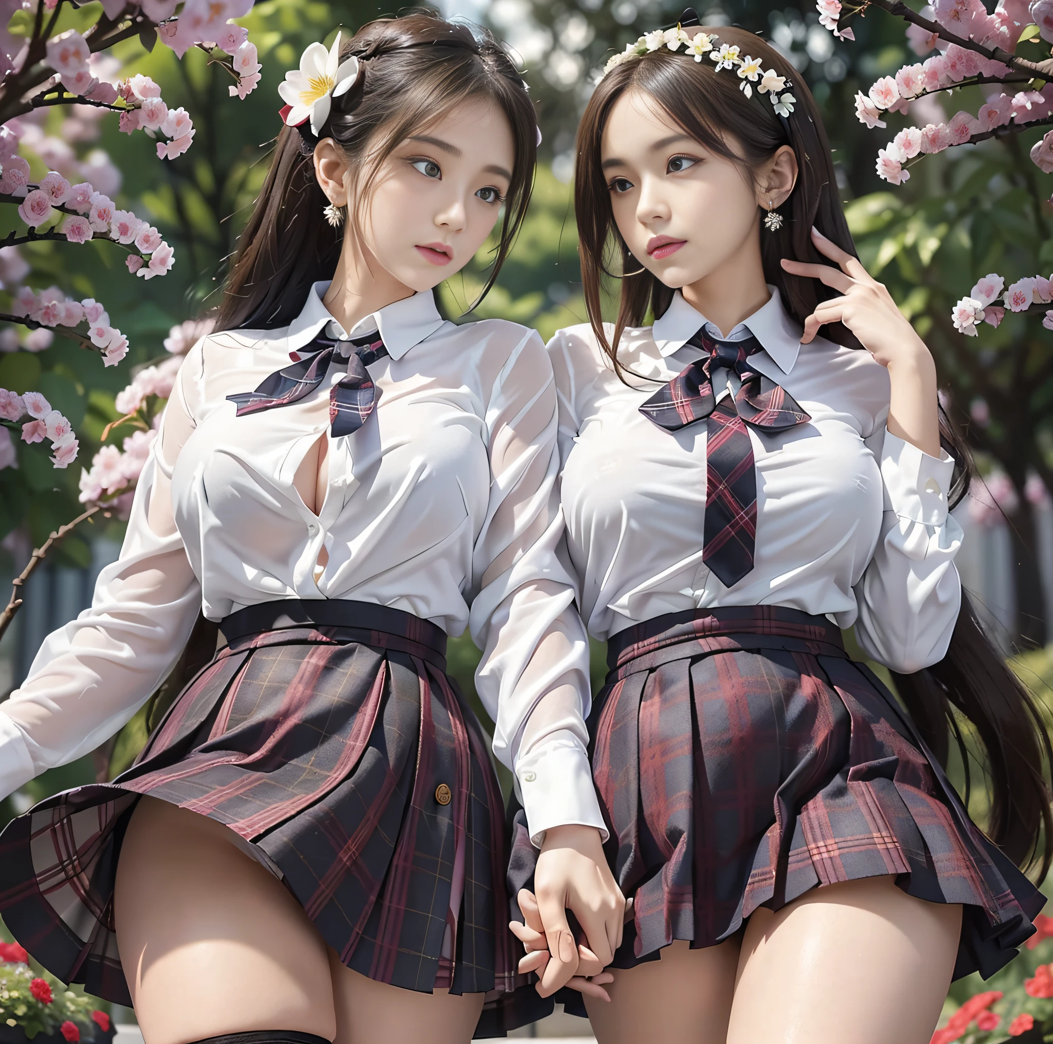 (Best Quality), (Masterpiece), (Raw Photo), Master, Very Beautiful, High Definition CG, 8k Wallpaper, Amazingly Fine Detail, Official Art, Huge File Size, High Definition, Darkness, Atmosphere, Mystic, Romanticism, Spooky, Literature, Art, Fashion, Elegant, (Perfect Anatomical Depiction of the Human Body))), Two age girls are holding hands side by side in a beautiful flower garden in the sun through the trees, two are looking at this, (two are of different races), mix4, qincai, one has blonde blue eyes and partially braided long hair,
One is a twin-tailed brunette Japan with beautiful whitening skin, (very huge), (super big), (thin waist), (big buttocks), (thin thighs), (skin turns white), baby face, ((neat white blouse of smooth thin fabric with dark crimson ribbon tie)), (blouse breasts are very cramped), (no bra), (dark areola), ( blouse crushes large breasts and spreads to the sides),
((Dark blue tartan check micro mini pleated skirt)), (Skirt length is short enough to show buttocks), (White panties), (No skin exposed on upper body), (Neat clothes with all buttons fastened), ((Shot from behind)), (Frame-in from the knees up)), Shade of the garden in soft sunlight, (Flowers in full bloom), (backlit shooting), Ribbon tie, Accessories are earrings only, bowtie