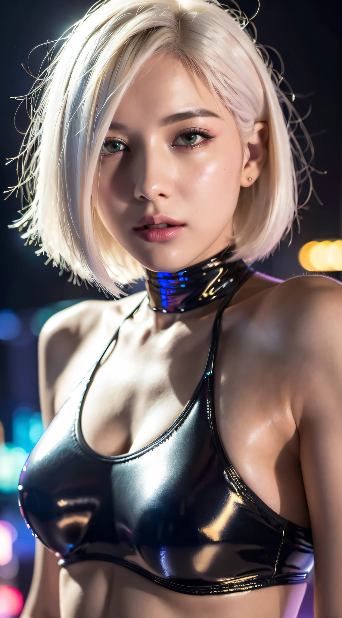 (8k, best quality, masterpiece, ultra highres:1.2) arabian russian woman, short hair, bob cut, (white hair), (close-up), tank top, night, neon lights, cyberpunk, looking at viewer, dramatic lighting, realistic illumination