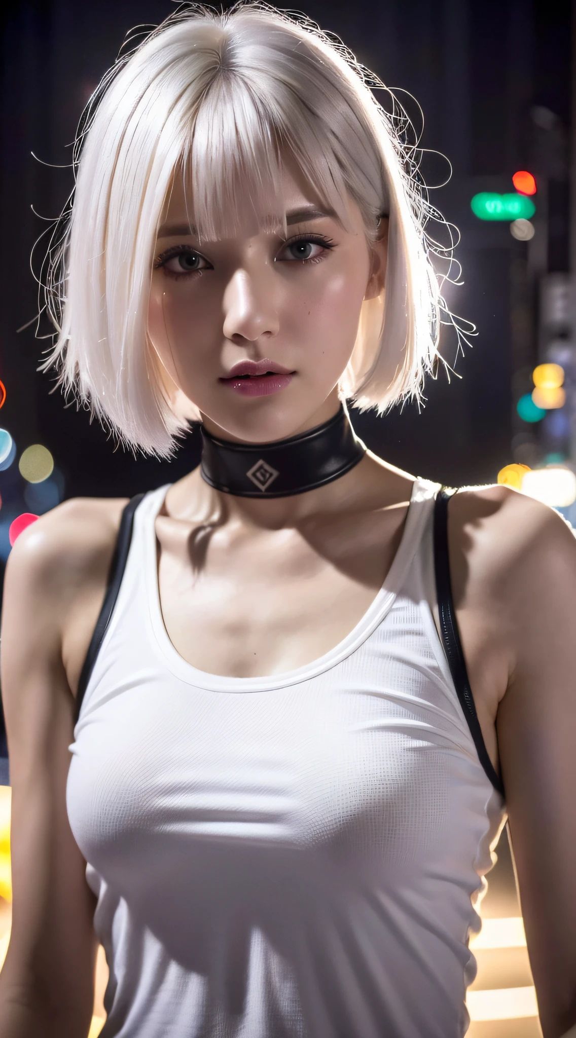 (8k, best quality, masterpiece, ultra highres:1.2) arabian russian woman, short hair, bob cut, (white hair), (close-up), tank top, night, neon lights, cyberpunk, looking at viewer, dramatic lighting, realistic illumination