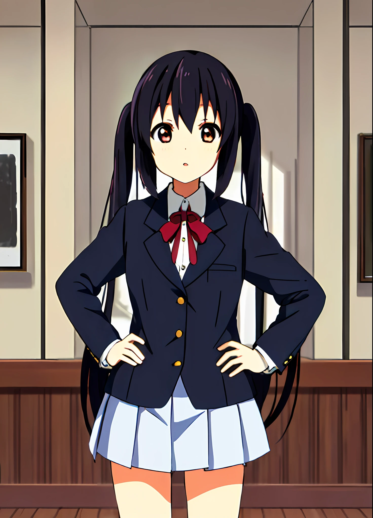 1girl, ((((Masterpiece))), Best Quality, Best Quality, High Detail, Azusa Nakano, 1girl, Sakuragaoka High School Uniform, Musical Instrument, School Uniform, Twin Tails, Long Hair, Black Hair, Brown Eyes, Solo, Red, Dark blue blazer with a thin ribbon of red, Solid white button shirt under blazer, Illustration, Cartoon, Soothing tones, Muted colors, Soft cinematic light, Adobe Lightroom, Photo Lab, HDR, complex and highly detailed, (((depth of field))))). (((Masterpiece))). (((highest quality))).) ((super detail))). (((Illustration))). (((Indoor))). (((hands on hips)))). Breasts,(((room))).dynamic focus.small breasts.