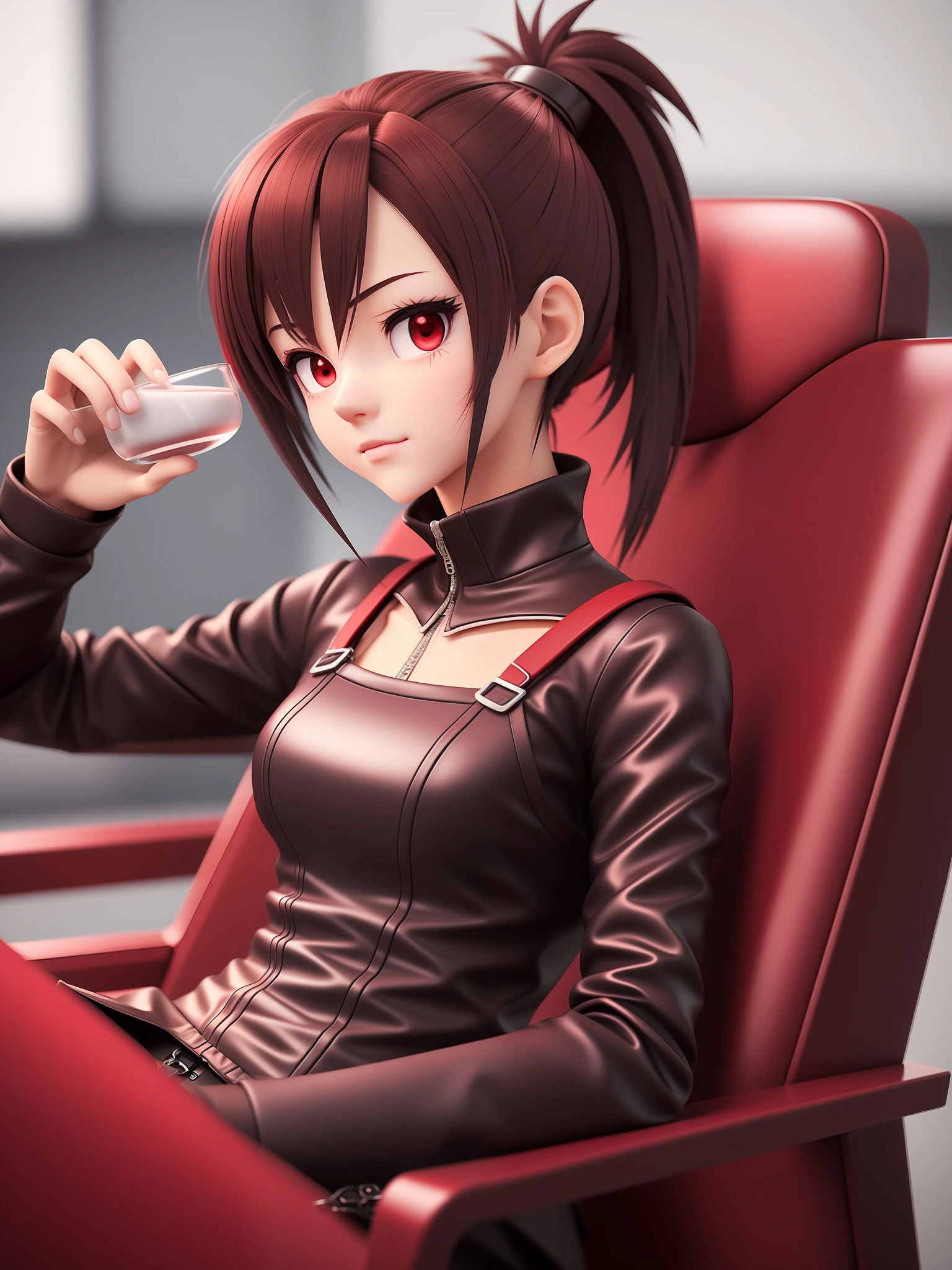 Young girl, a cartoon character dark red outfit, ((cold expression and tired eyes)), ((hair up to shoulder)), (red eyes), stylized character, animation character, stylized 3d render, 3d character, highly detailed character, stylized anime, stylized 3d, render character, character model, closeup, (maximum quality), sipping box juice sitting in a chair looking at the horizon