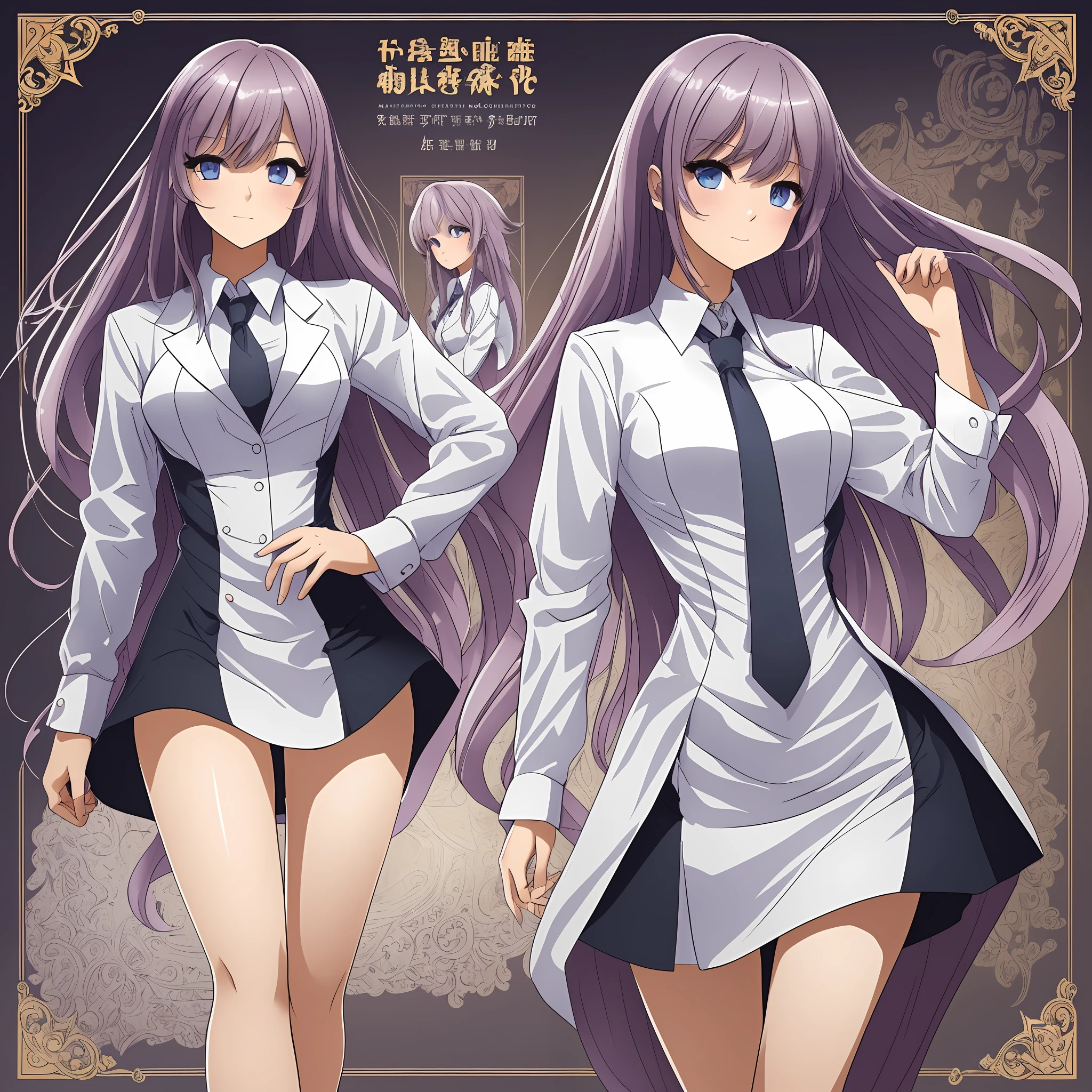 ((masterpiece)), (((best quality))), (character design sheet, same character, front, side, back), Illustration, 1 girl, hair color, bangs, hairstyle fax, eyes, environment change, hairstyle fax, pose too, female, shirt, star, dress suit, shirt, tie (simple background, white background: 1.3) ,--6 --auto --s2