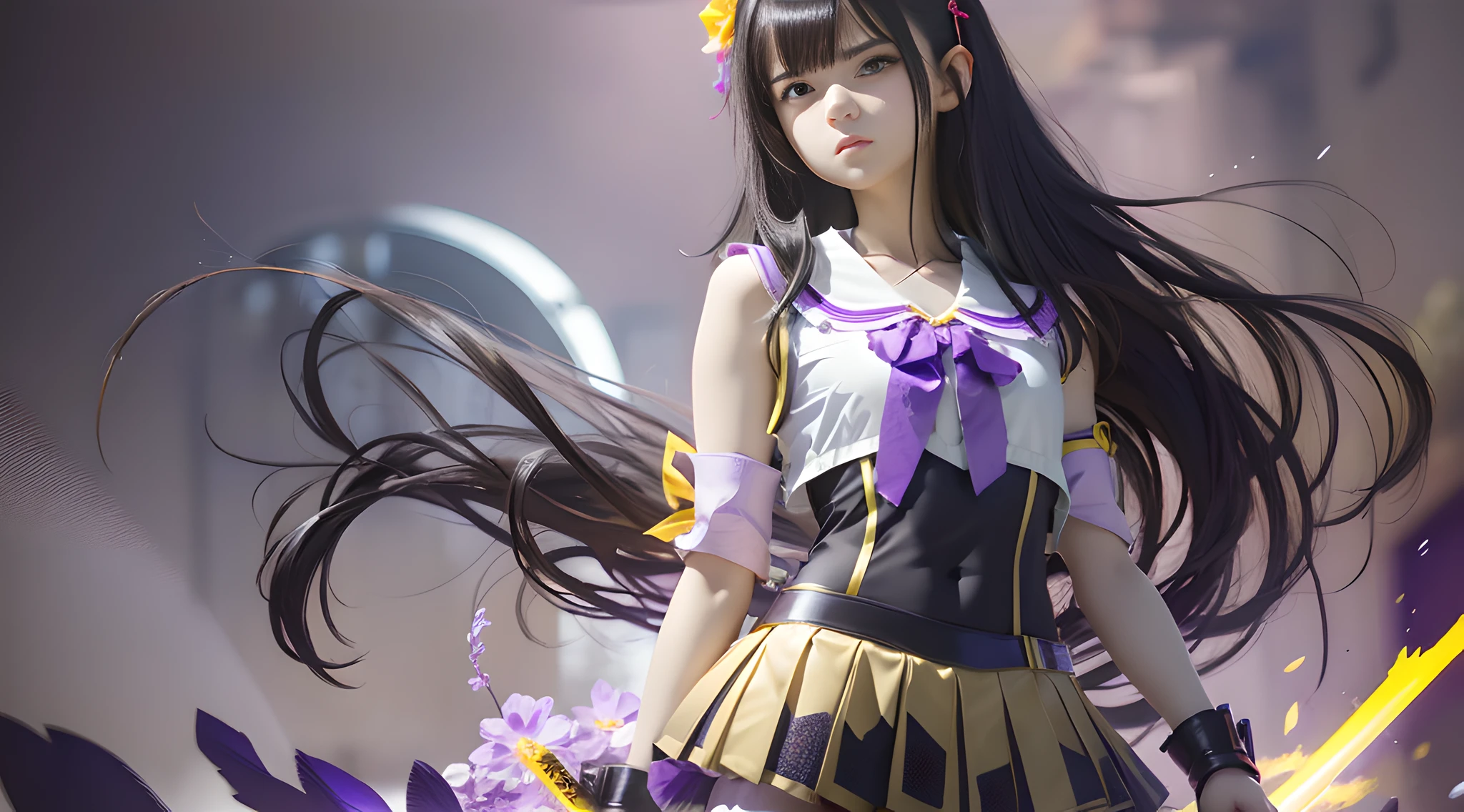 8k high definition, girl, anime, sleeveless blouse, skirt, revealing, battle poze, black hair, long, loose, blooming yellow eyes, katana. gray background, daylight, perfect body, lilac details detailed skin, small chest, tomboy girl, masterpiece, best quality, stiff nipple, high resolution, pc wallpaper. --auto --s2