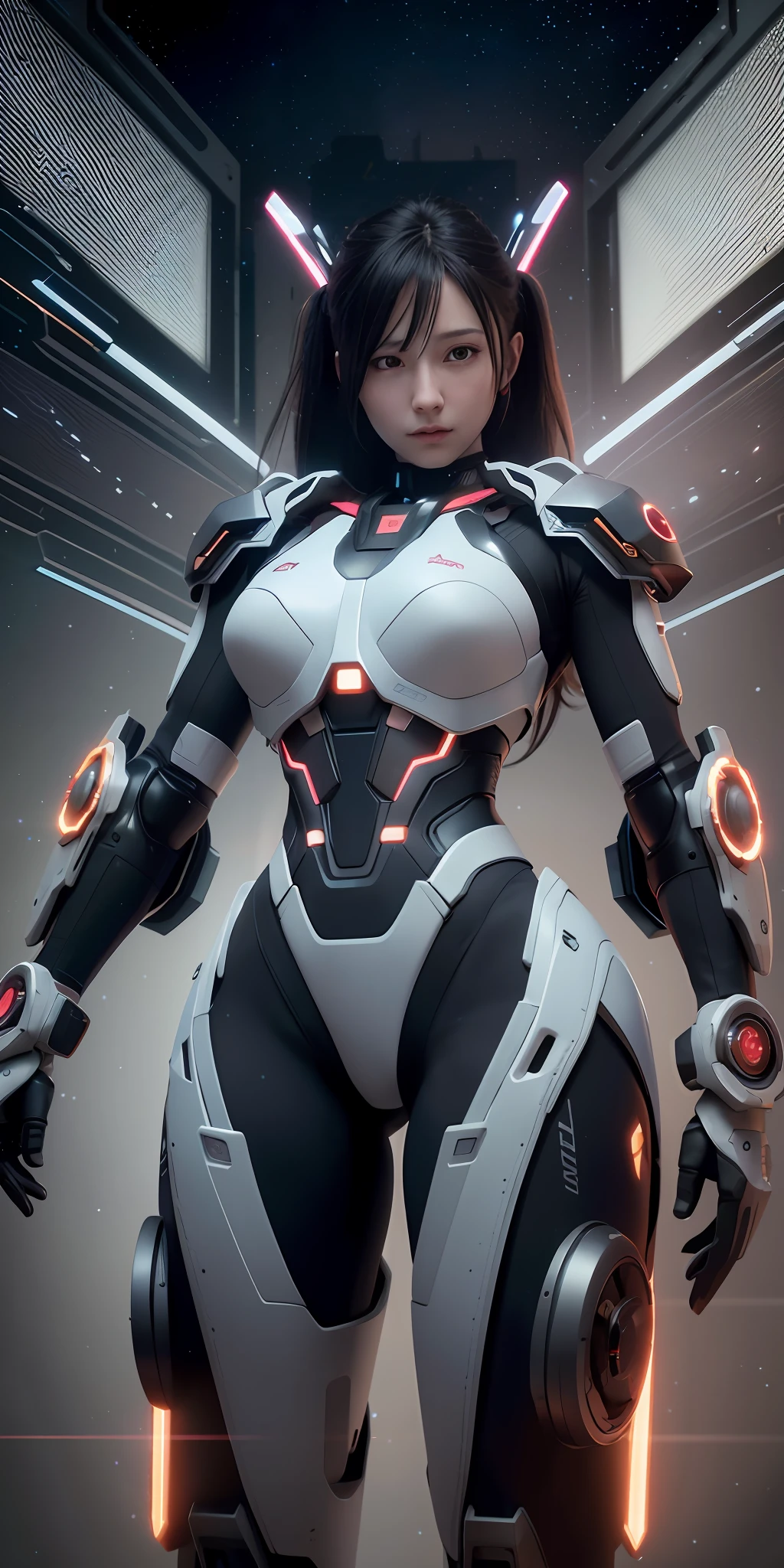 ((Best Quality)), ((Masterpiece)), (High Definition:1.3), 3D, Beautiful, (Cyberpunk:1.2), Universe, Nebula, holding_weapon, (1 Female Mech:1.3), Facing the Viewer, Glowing Eyes, Full Body, (Fly, Swoop, Dynamic, Motion Blur: 1.4), (Giant Mech Wings: 1.6), Look Up, glowing_eyes, Mech, Panorama, Backgrounds Earth, Nebula, Space, Particles, Reality, HDR (High Dynamic Range), Ray Tracing, NVIDIA RTX, Super Resolution, Unreal 5, Subsurface Scattering, PBR Texturing, Post-Processing, Anisotropic Filtering, Depth of Field, Maximum Clarity and Clarity, Multi-Layer Textures, Albedo and Specular Maps, Surface Shading, Accurate Simulation of Light-Material Interaction, Perfect Proportions, Octane Render, Two-tone Lighting, Large Aperture, Low ISO, White Balance, Rule of Thirds, 8K RAW, Efficient Subpixel, Subpixel Convolution,Beautiful Girl, Slender, Cute, Sexy