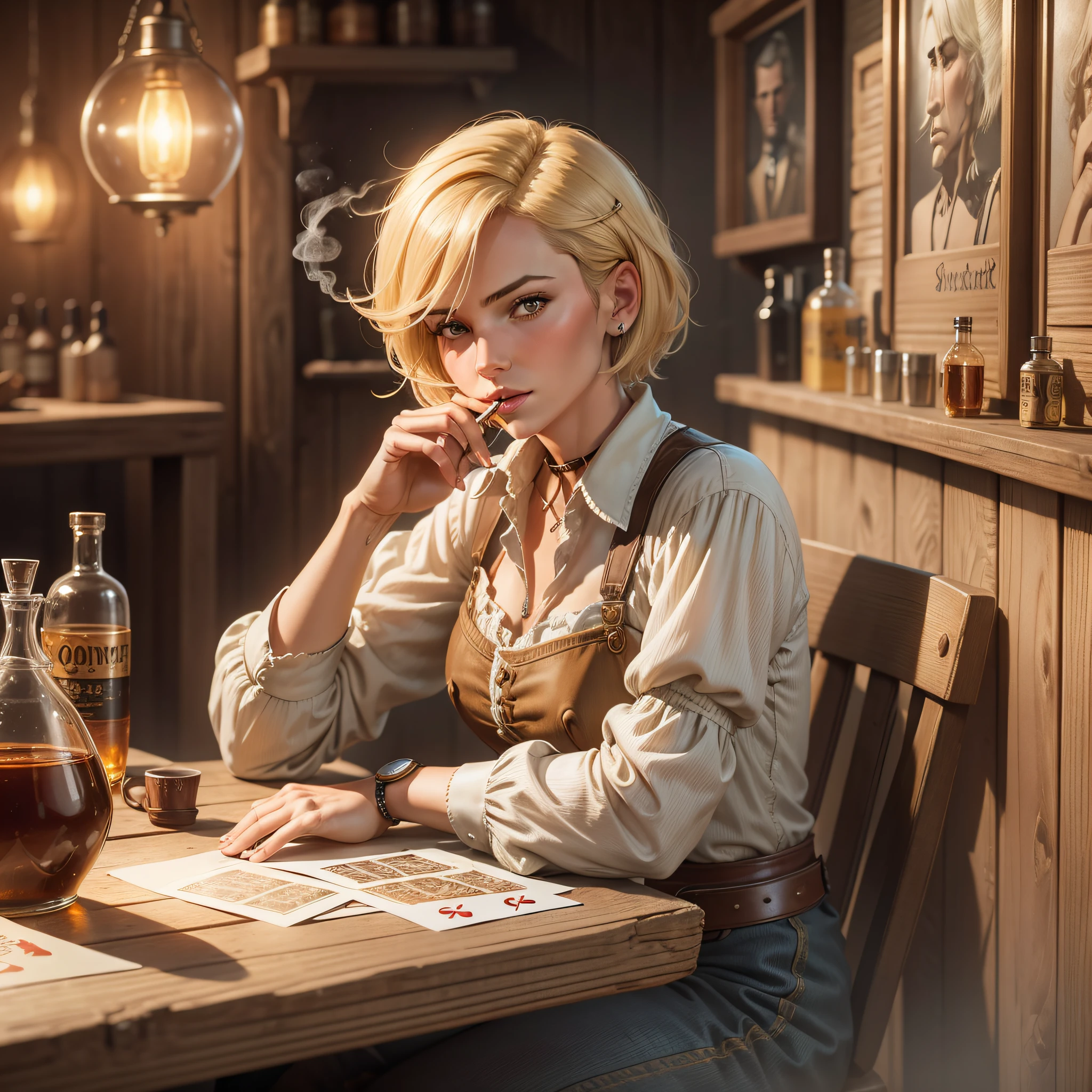 Short Haired Female Cowboy in a Saloon in the Old West,Blonde,Sitting,Smoking Pipe,Table Wisky,Piano,6 Bullet Revolver,Barrel,Table,Playing Cards,Dust,Artwork,3D,4K,Detailed,Realistic