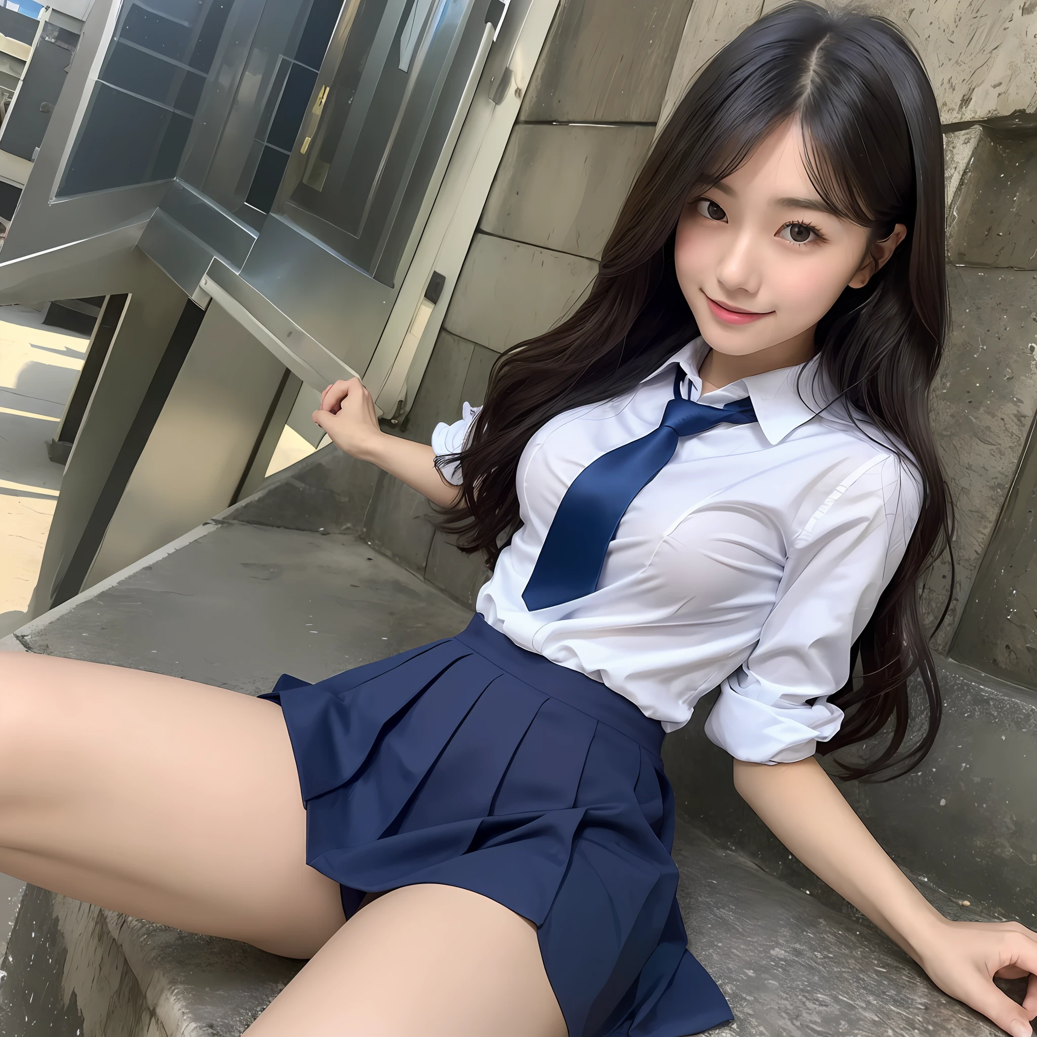 ((Masterpiece)), (Best Quality), (Detail), (1girl),  Japan Girl, Gravure Idol, Very Beautiful Skin, Shiny Skin, Just Right Size Breasts, Perfect Breasts, Perfect Figure, Just Right Thin Legs, Wavy Little Long Hair, Black Hair, Brown Glistening Eyes, Natural Clothes, Skin Transparency, Smile, School Uniform, Navy Blue Skirt, Light Blue Shirt, Navy Blue Tie, Urban crossroads