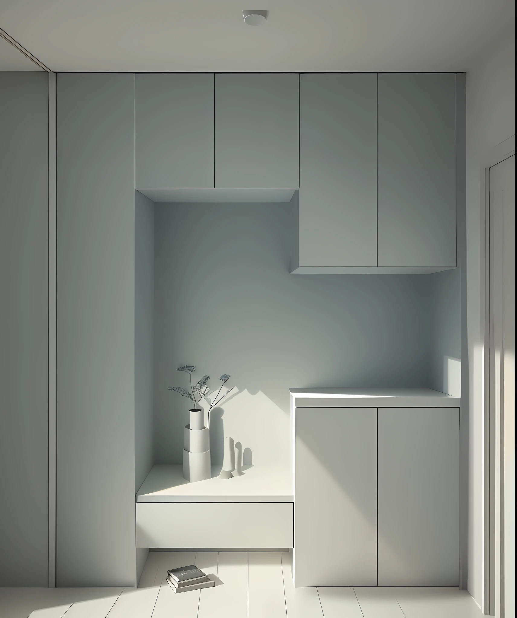 there is a drawing of a room with a shelf and a vase, flat 2 d, interior of a small room, flat grey color, low details and clean lines, inspired by Reinier Nooms, in style of 3d render, comprehensive 2 d render, 2 d render, detail render, small room, rendered in enscape, detailed rendering