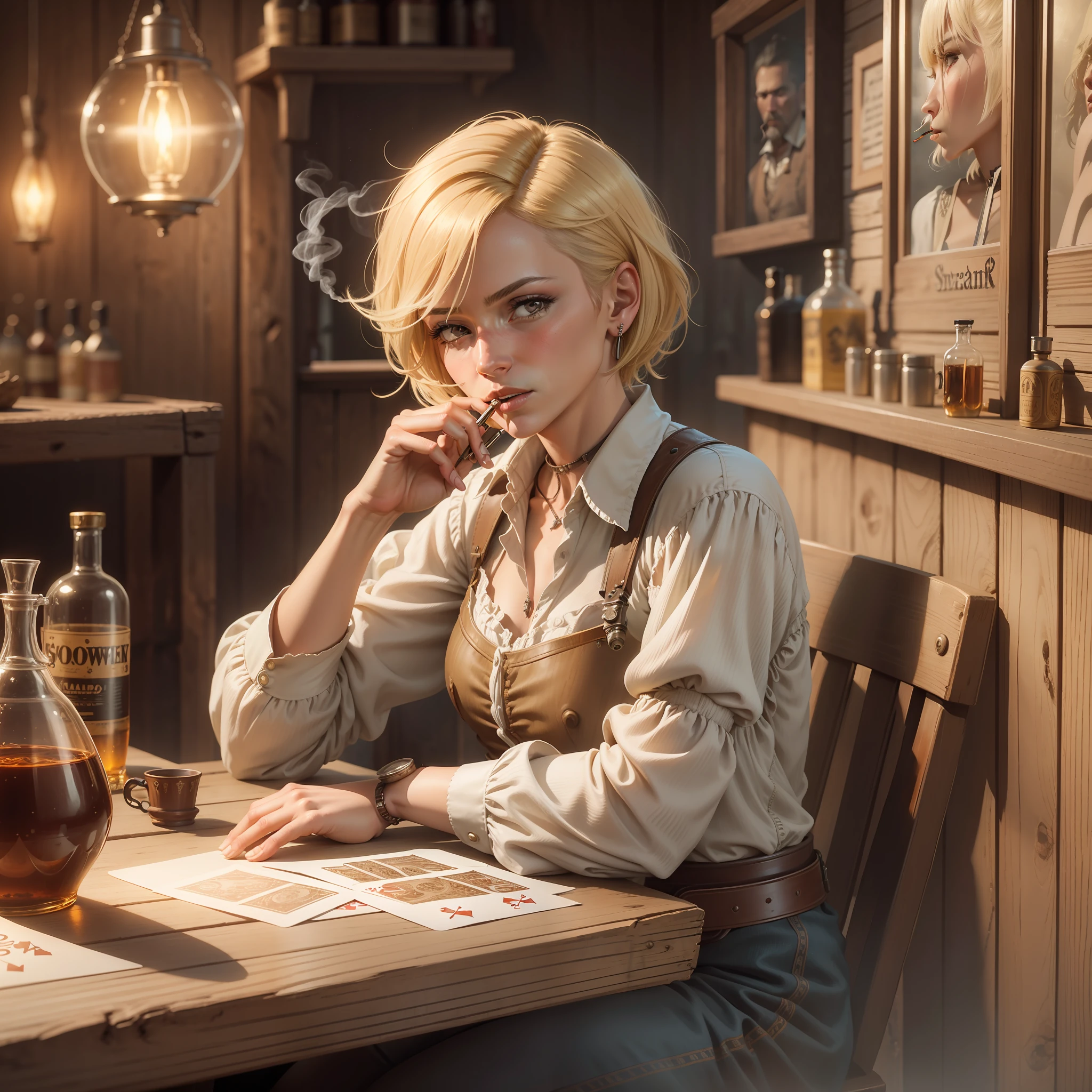 Short Haired Female Cowboy in a Saloon in the Old West,Blonde,Sitting,Smoking Pipe,Table Wisky,Piano,6 Bullet Revolver,Barrel,Table,Playing Cards,Dust,Artwork,3D,4K,Detailed,Realistic