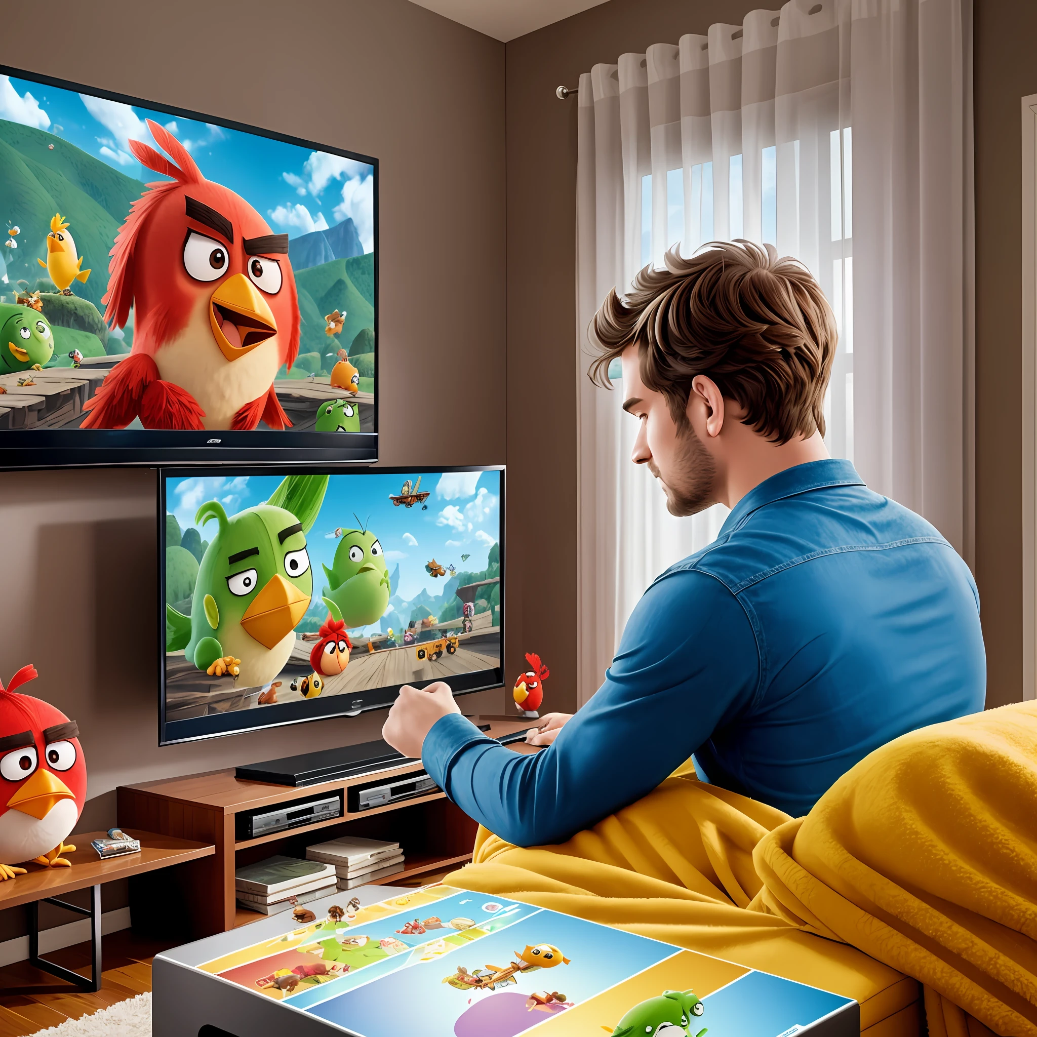 Person on his back watching the tv that is passing angry birds the movie --auto --s2