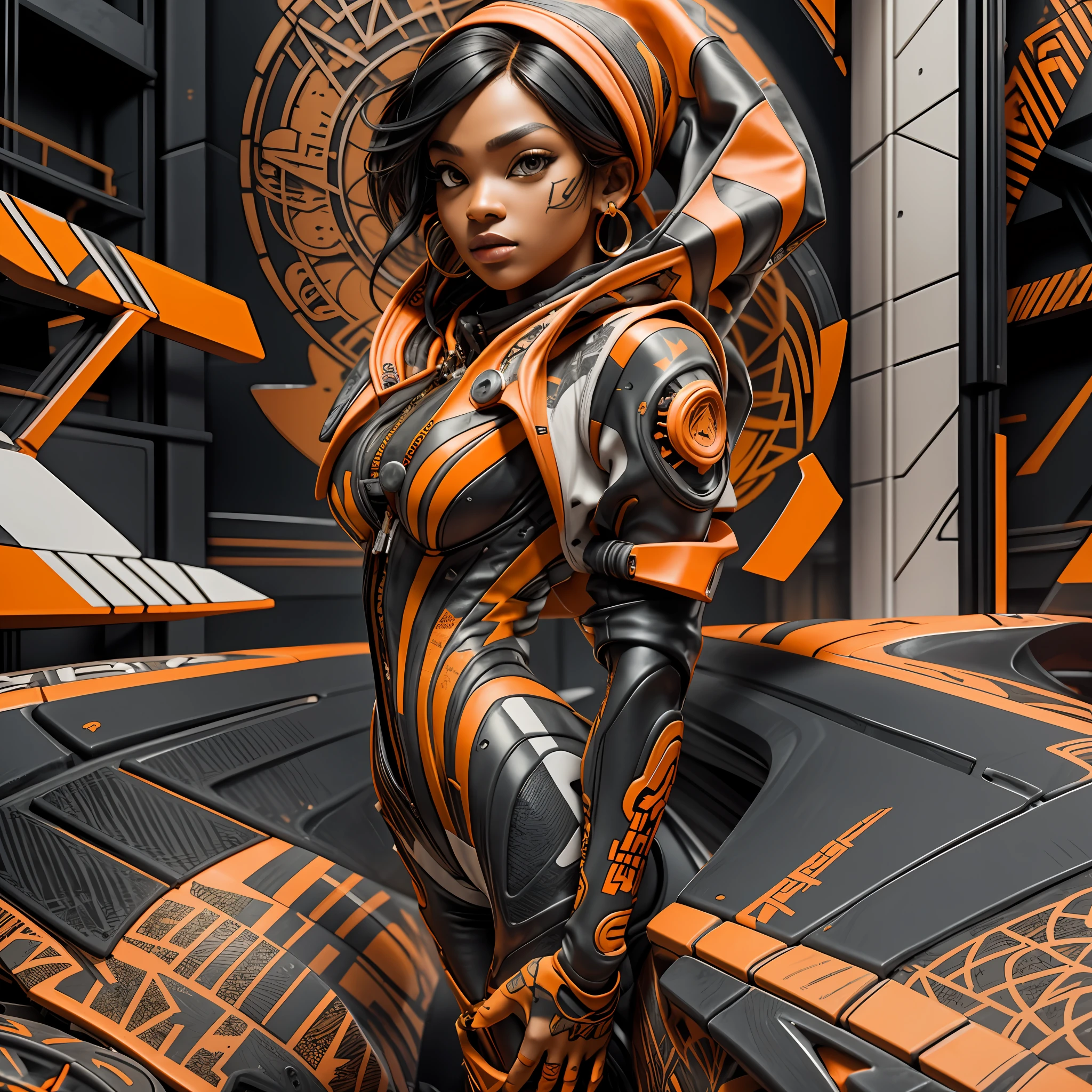 Textures: 1.5, orange: 1.1, white: 1.3, yellow: 1.3, (black woman), sexy, tattoos, (power puffer clothes: 1.2), 3d graffitti, abstract, lines, background circles