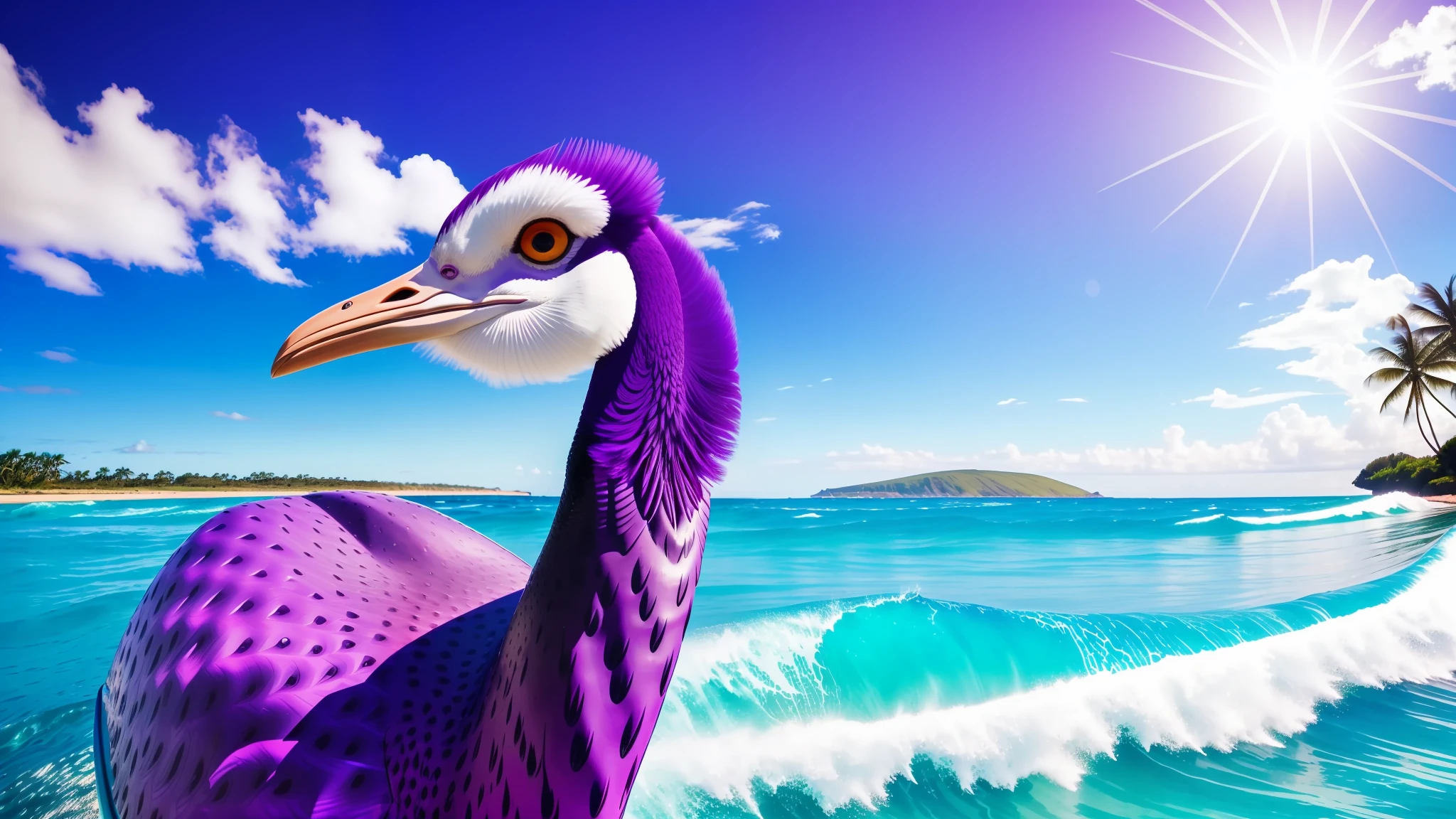 close up of A purple nostrich ostrich on a surfboard, big purple ostrich riding surfboard. Huge aqua wave background, (nostr:1.3), purple head and neck, (nostrich:1.2), amazing wallpaper, beautiful sun ray clouds, hawaiian aqua big wave, astral electric arcs in the sky, crystal blue water