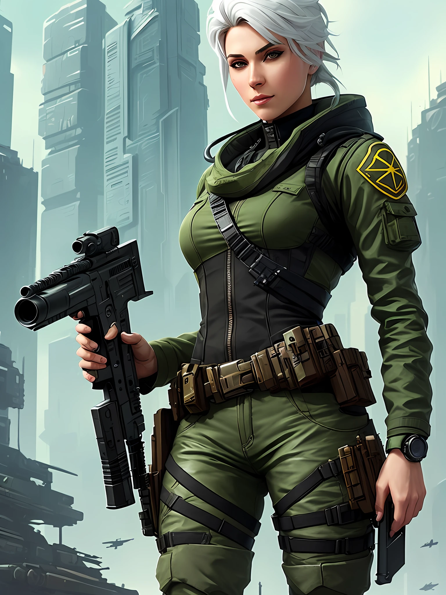 Closeup of a woman with a gun and rifle, detailed full-body concept art, concept art like Ernest Halimov, cyberpunk soldier, Greg Rutowski concept art, amazing 8k character concept art, expert high-detail concept art, Craig Mullins style, epic sci-fi character art, 8k character concept art, punk wasteland, white hair,  green eyes,hair tied