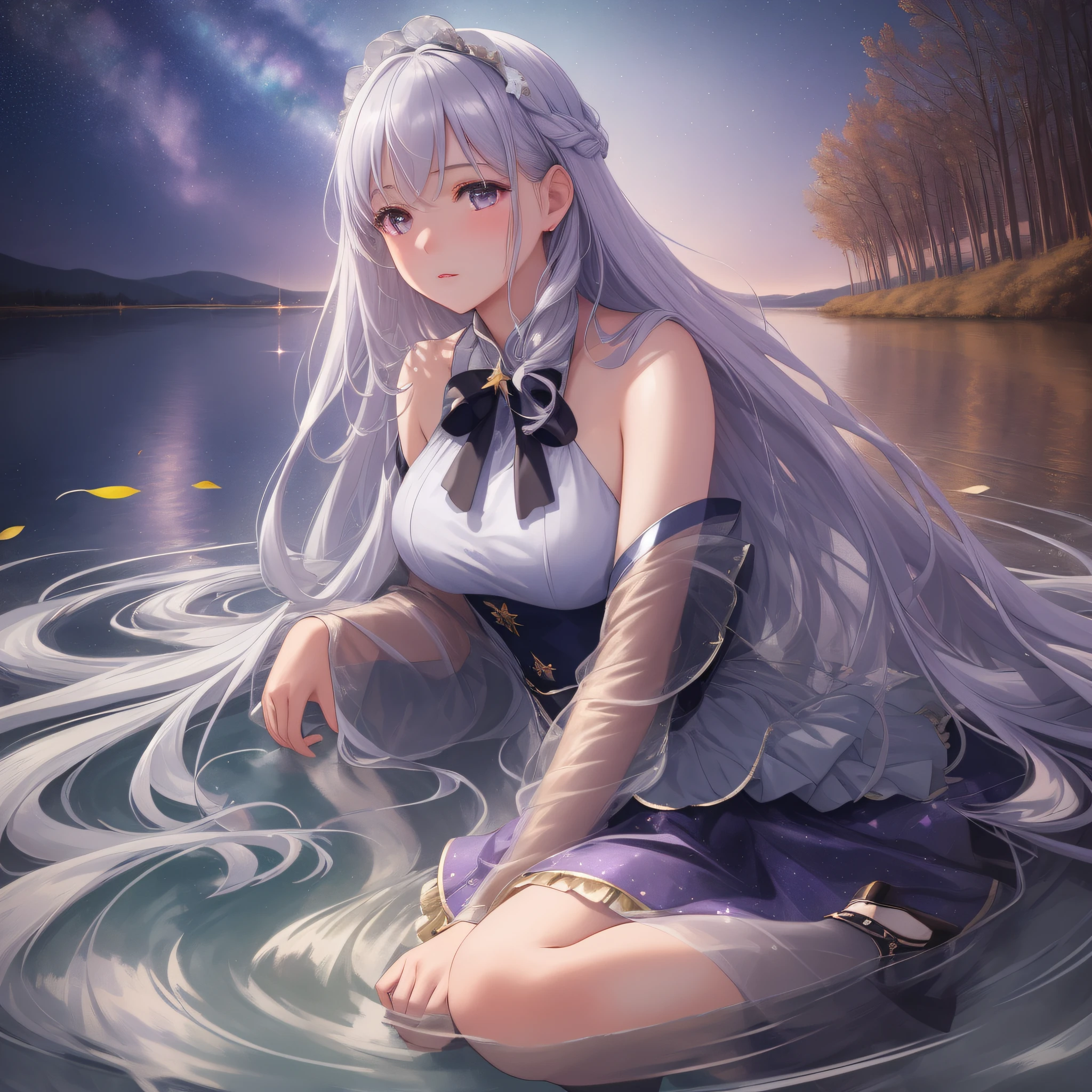 Masterpiece, 8K, (film grain) ((ultra-realistic details)), girl, long silver hair flowing in the wind, light purple tulle, right hand to ear, left hand with skirt, whole body, ripples in the water, sparkling, white reeds, stars in the sky, the galaxy in the distance
