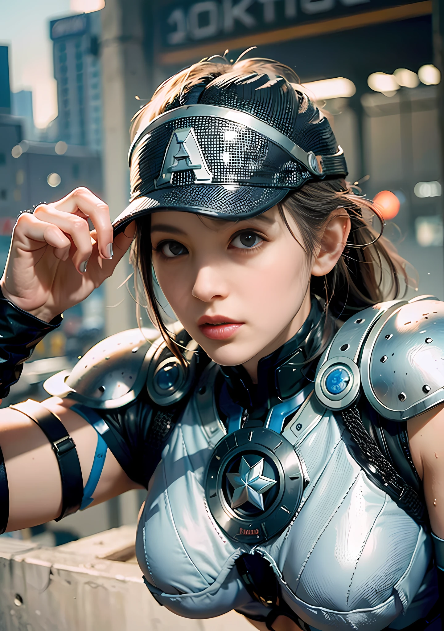 (1girl:1.3), solo, __body-parts__, official art, unified 8k wallpaper, super detailed, beautiful and aesthetic, beautiful, masterpiece, best quality, raw, masterpiece, super fine photo, best quality, super high resolution, photorealistic realism, sunlight, full-body portrait, amazing beauty, dynamic pose, delicate face, vibrant eyes, (from the front), she wears a futuristic Captain America jersey, blue color scheme, (holding a shield), A capital A on chest, very detailed abandoned warehouse background, detailed face, detailed complex busy background, messy, gorgeous, milky white, highly detailed skin, realistic skin details, visible pores, sharp focus, volumetric fog, 8k uhd, DSLR camera, high quality, film grain, fair skin, photo realism, lomography, huge metropolis in future dystopia, seen from below, translucent