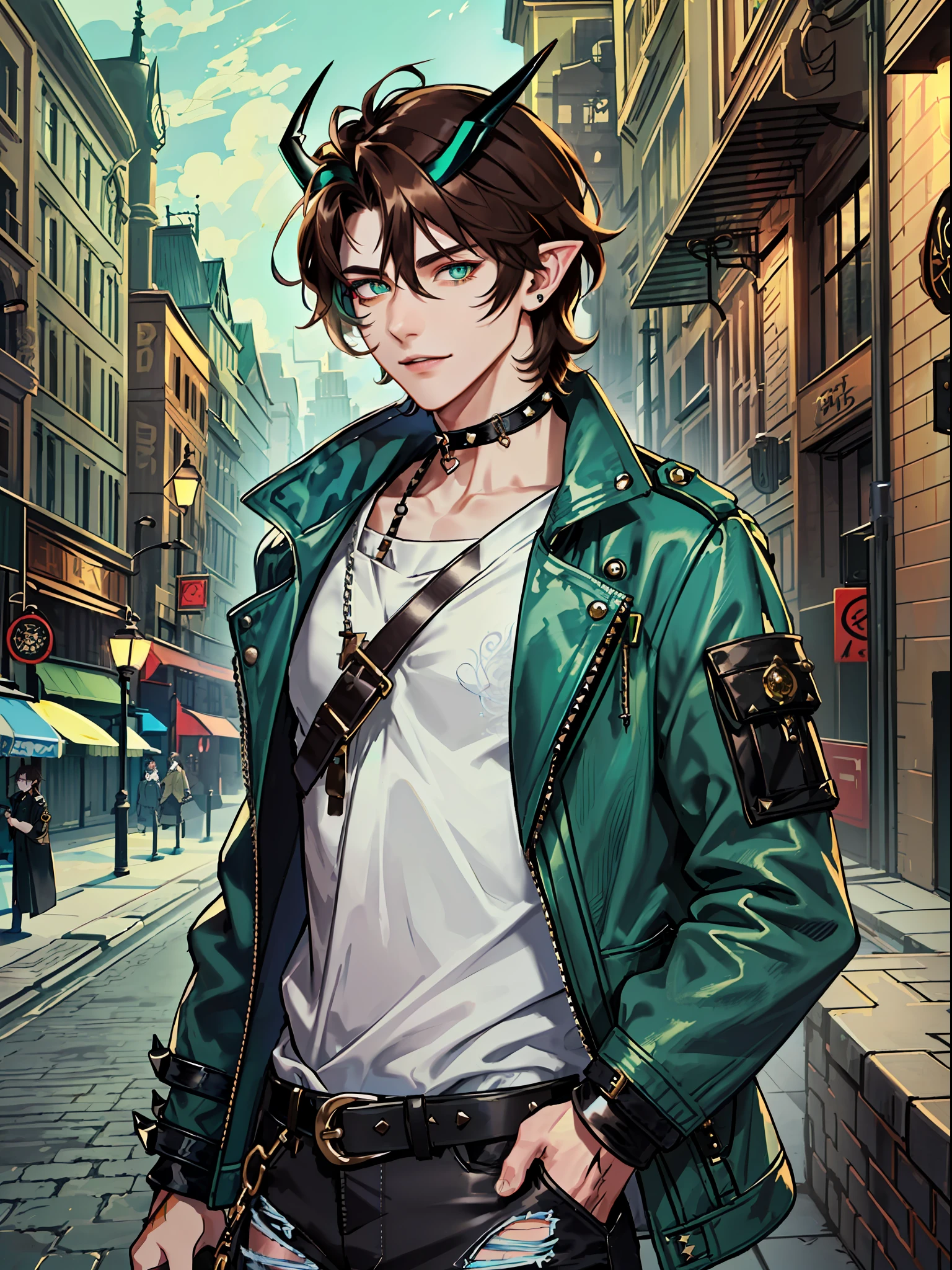 ((highest quality, masterpiece, 4k, finely detailed, detailed eyes, detailed face, intricate details, gelbooru, pixiv)), warm lighting, ((solo)), 1boy, male, masculine, skinny, lanky, pointy ears, ((shaggy, middle long brown hair, a lot of loose strands, bangs falling into face, blue-green demon horns)), ((blue-green eye color, half-lidded neutral eye shape, tired eyes, eyeliner under eye)), dynamic pose with hands in jacket pockets, looking at viewer, smiling, (((Shirt with baggy jacket and lots of straps over it, black choker, ripped skinny jeans in a black color, a lot of belt straps with spikes, punk style fashion))), (((scar on nose))), city background