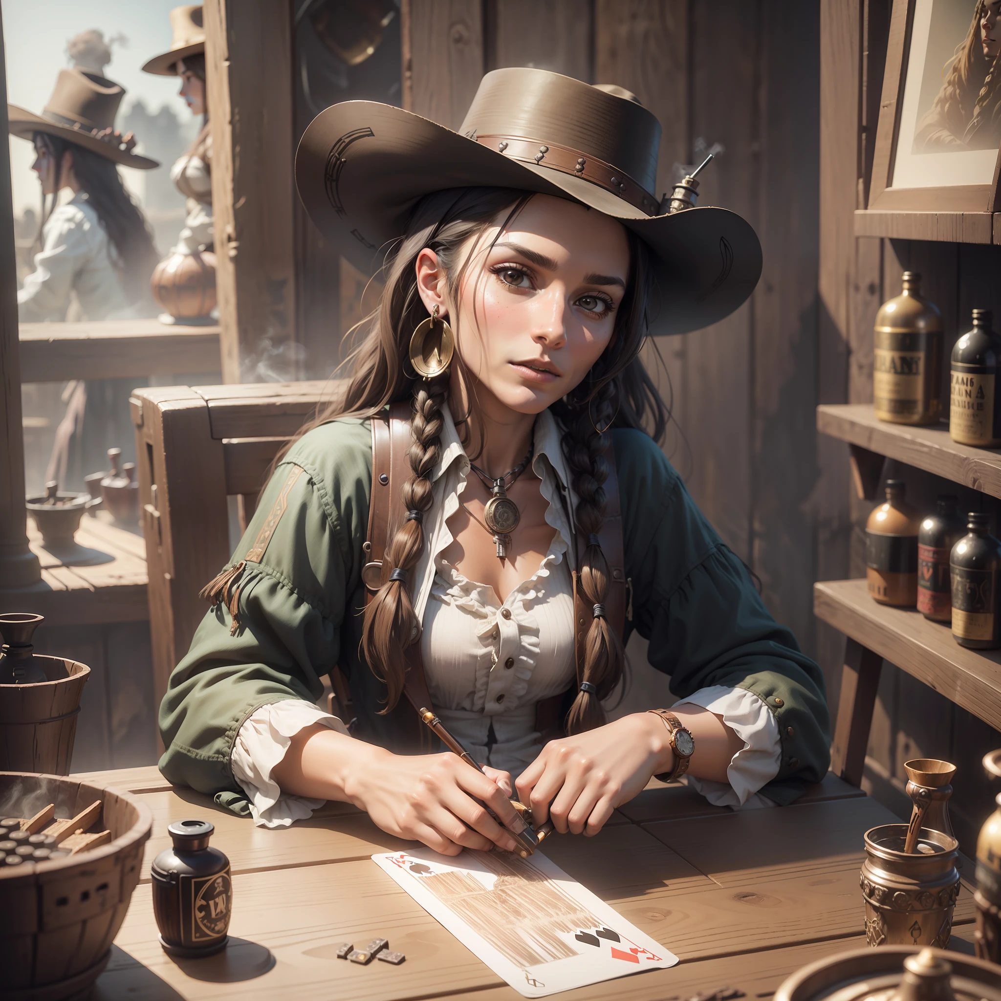 Female brunette cowboy with dreadlock hair in a saloon in the old west,black,sitting,smoking pipe,wisky on table,piano,6 bullet revolver,barrel,table,playing cards,dust,artwork,3d,4k,detailed,realistic