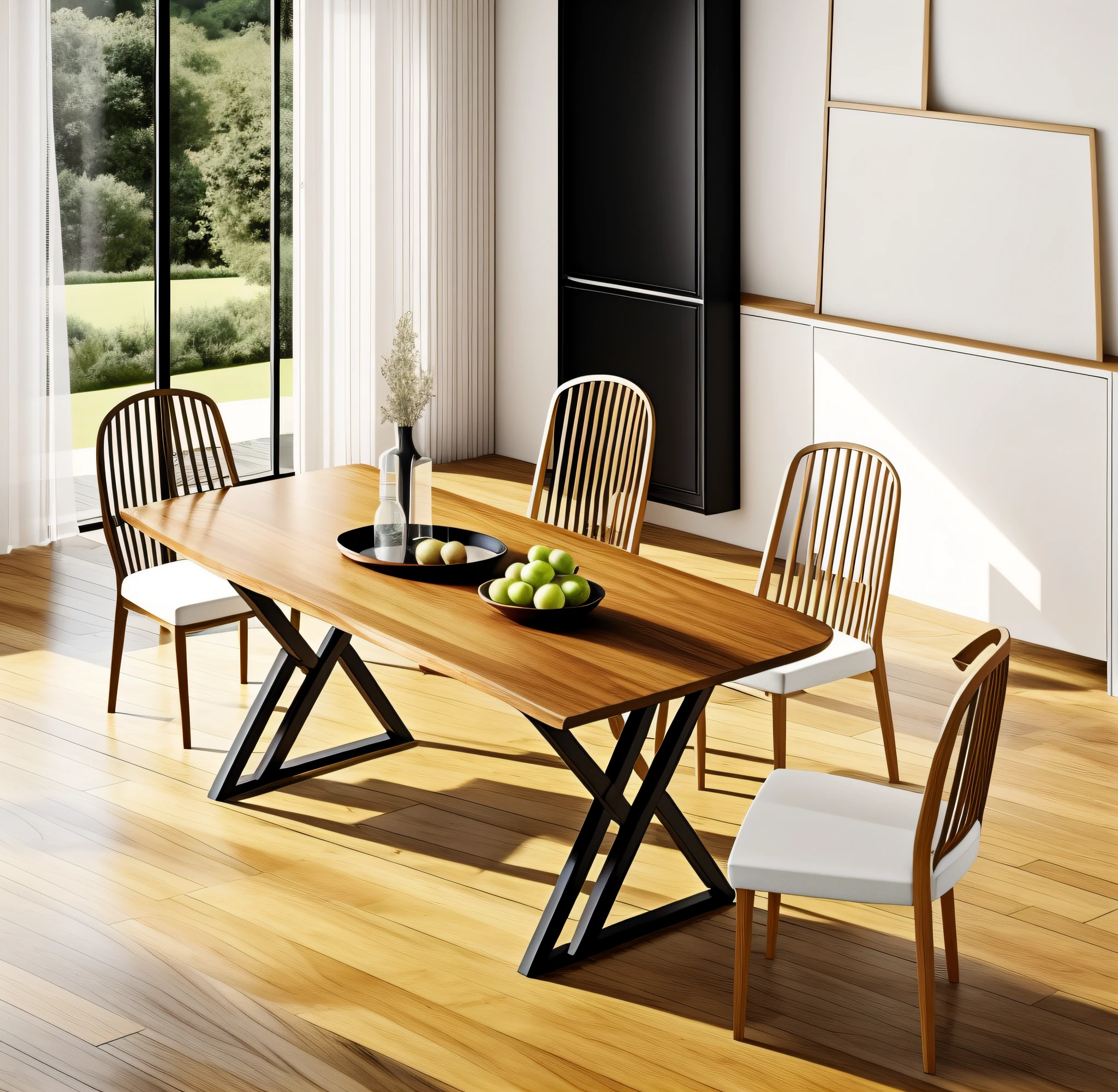 There is a table with chairs and a bowl of fruit, rectangular wooden table with black cross base large, wooden table, dining table, dining table, wooden table, high quality, wooden table, elegant and sophisticated, elegant furniture, smooth lines, powerful, table, 2021, 2 0 2 1, white kitchen table, 2022