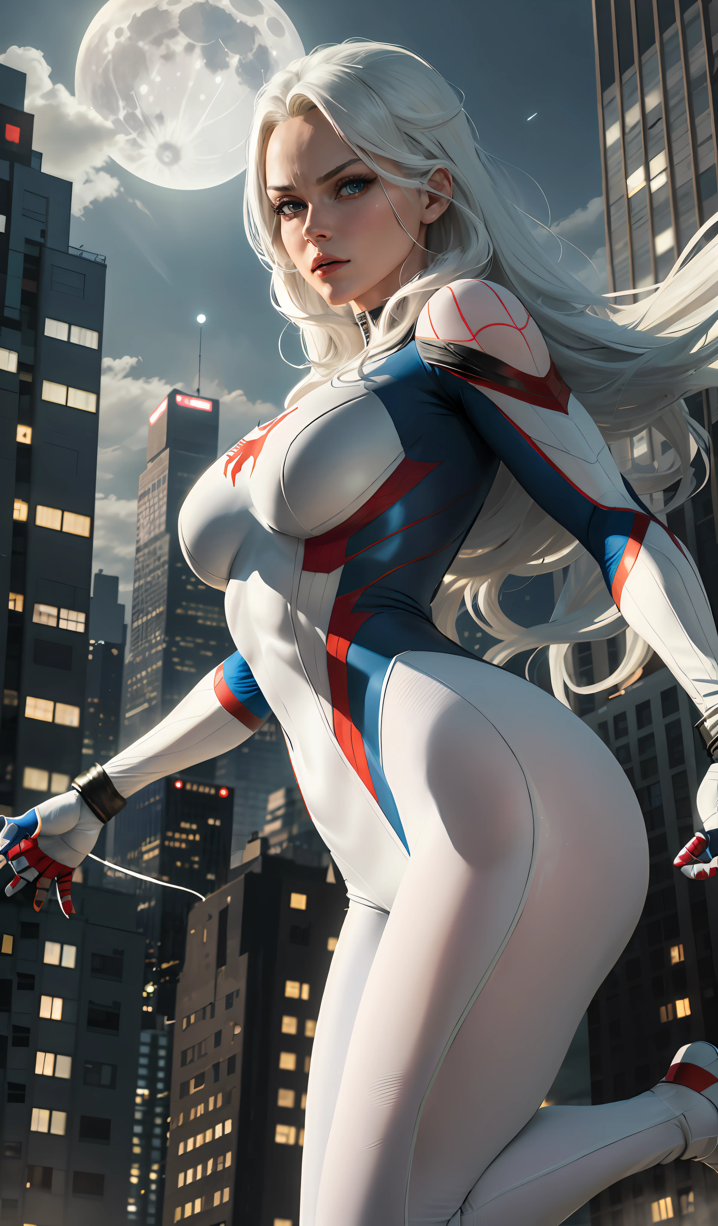 (Masterpiece, 4k resolution, ultra-realistic, very detailed), (White superhero theme, charismatic, there's a girl on top of town, wearing Spider-Man costume, she's a superhero), [ ((25 years), (long white hair:1.2), full body, (blue eyes:1.2), ((Spider-Man pose),show of strength, jumping from one building to another), ((sandy urban environment):0.8)| (cityscape, at night, dynamic lights), (full moon))] # Explanation: The Prompt mainly describes a 4K painting of ultra-high definition, very realistic, very detailed. It shows a superheroine at the top of the city, wearing a Spider-Man costume. The theme in the painting is a white superhero theme, the female protagonist has long white hair, is 25 years old and her entire body is shown in the painting. In terms of portraying the actions of superheroines, spiders are employed