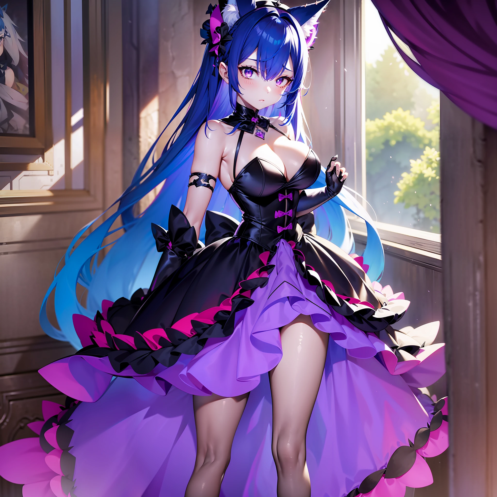 1girl, Short, black tiara with thorns, emotionless, purple dress with mini skirt, full body, large thighs, long blue hair, top blue hair, lower red hair, blue fox ears, scorpion tail, big bust, gray eyes, gray pupils, standing, room, scanned, , Hedda Sterne