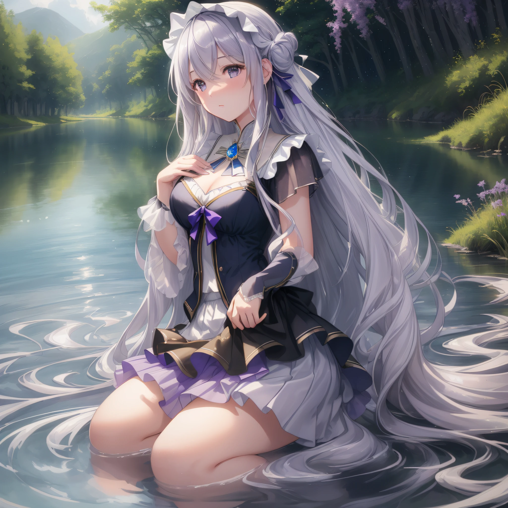 Masterpiece, 8K, (film grain), ((ultra-realistic details)), girl, long silver hair flowing in the wind, light purple tulle, right hand to ear, left hand with skirt, sideways half kneeling by the river, whole body, ripples in the water, sparkling, white reeds, starry in the sky, the galaxy in the distance