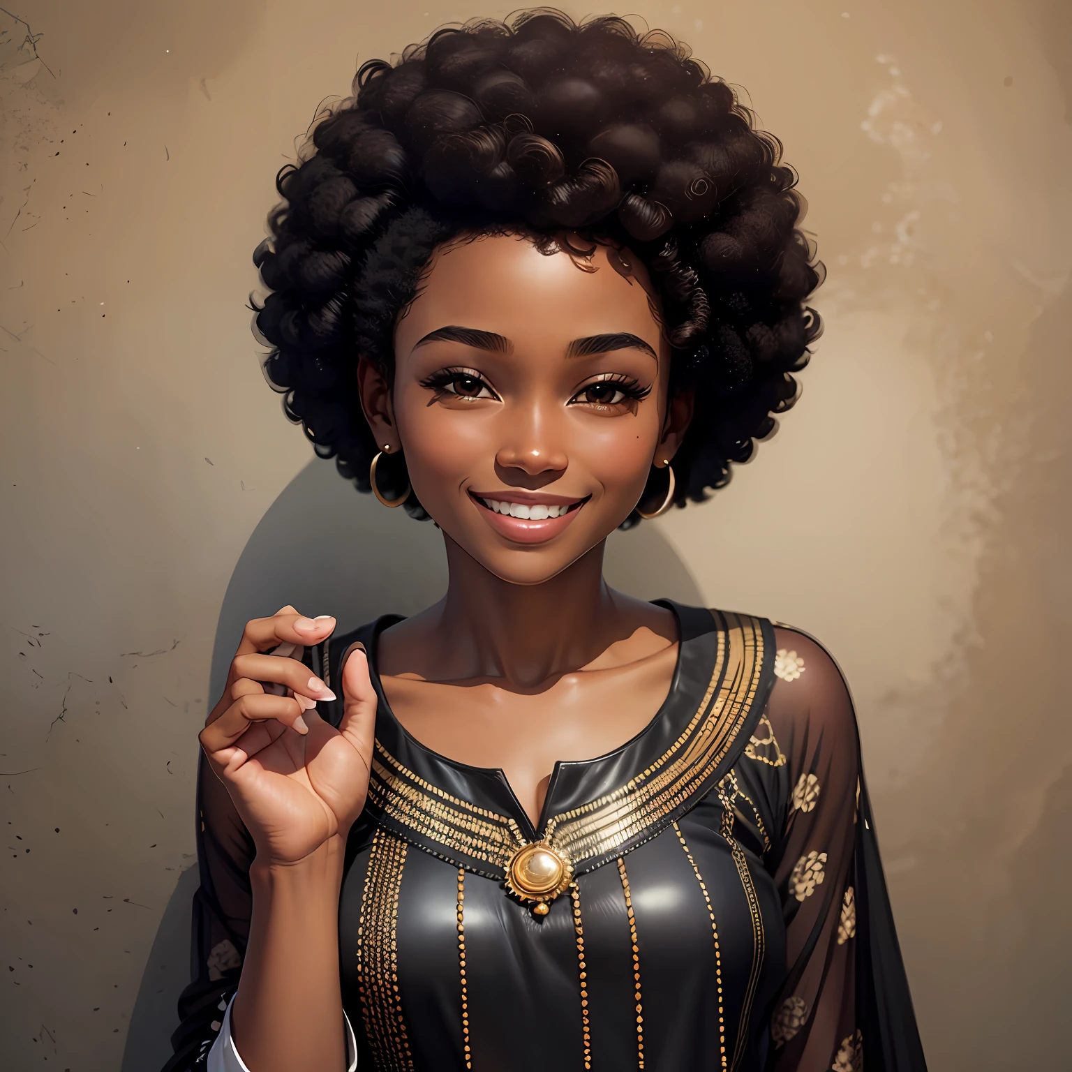 a woman with short afro hair, oval face, dark brown skin, small black eyes, smiling with thin nose - --auto --s2