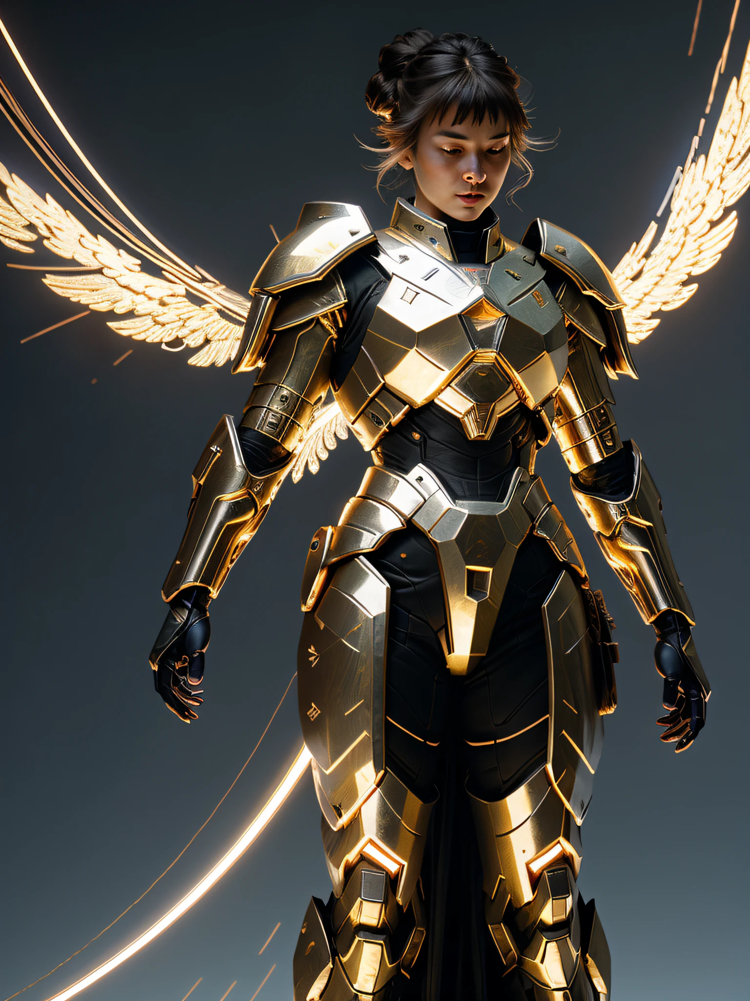 Valkyrie of War, glowing metal wings, golden glowing background, white-gold armor, golden aperture at back, blonde hair, double bun, bangs, halo, glare, heterochromatic, jitome, high detail, cinematic lighting, film grain, lens flare, cowboy lens, verism, god ray, 8k, super detail, high detail