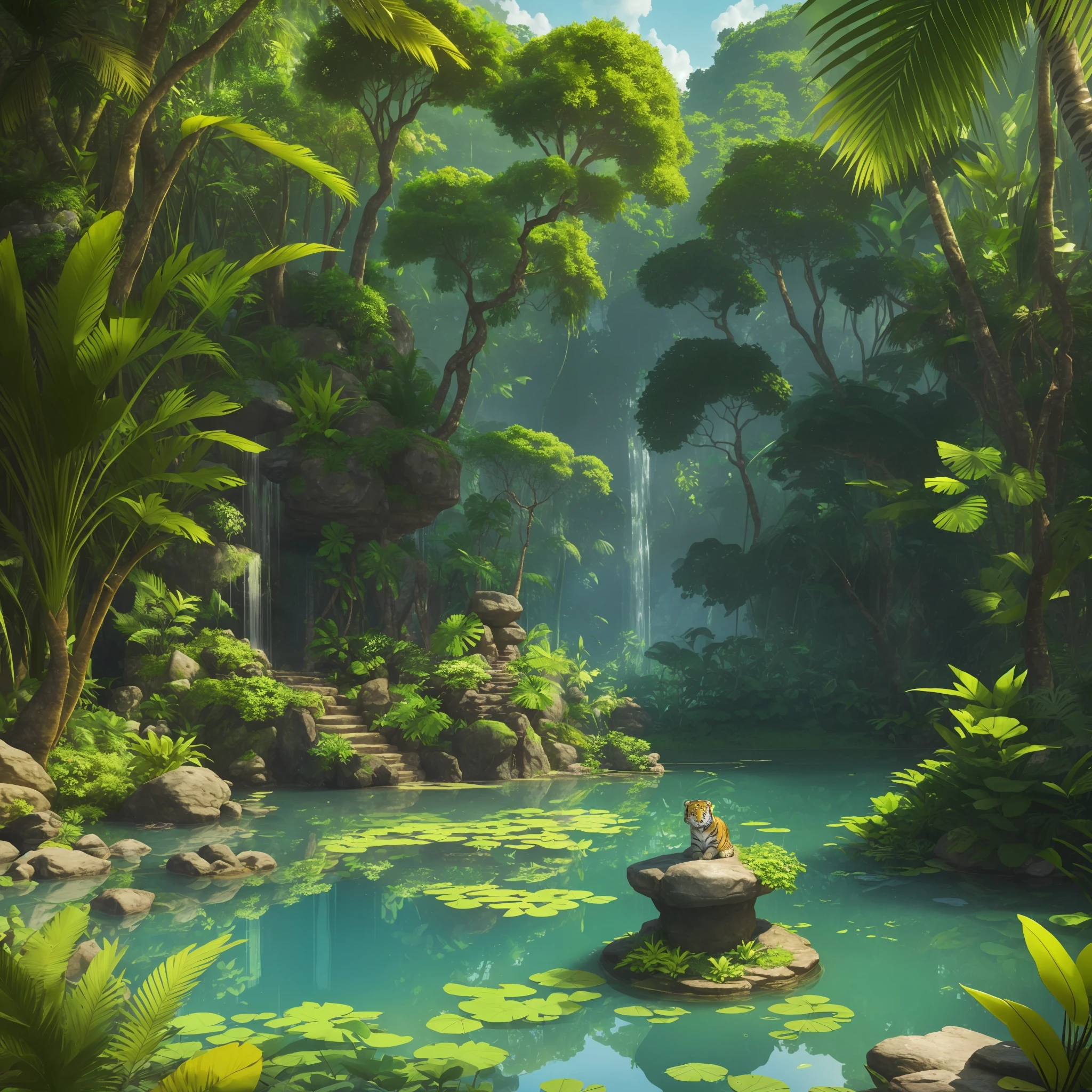 (masterpiece), incredible quality, (oasis of a small lake surrounded by extremely detailed jungle), many tropical leaves, high saturation, many shades of green, vivid aspect, (stones and rocks with a special shape),(a tiger cub on a stone in the center of the scene), Unreal Engine 5, 16k resolution.