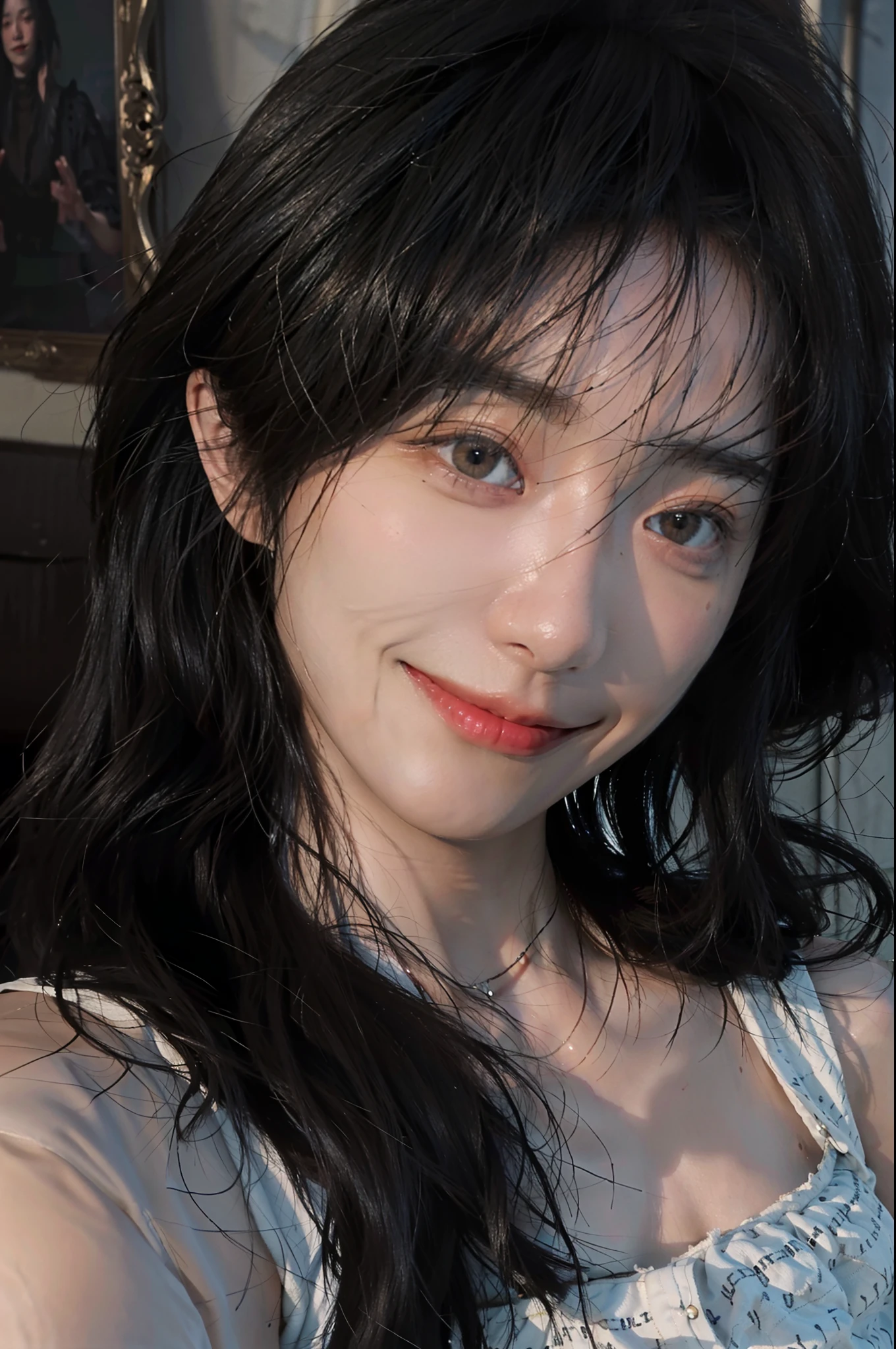 8K, Best Quality, Masterpiece, Ultra High Resolution, (Realism: 1.4), Original Photo, (Real Skin Texture: 1.3), (Film Grain: 1.3), (Selfie Angle), 1 Girl, Beautiful Eyes and Face Details, Masterpiece, Best Quality, Close-up, Upper Body, Smile