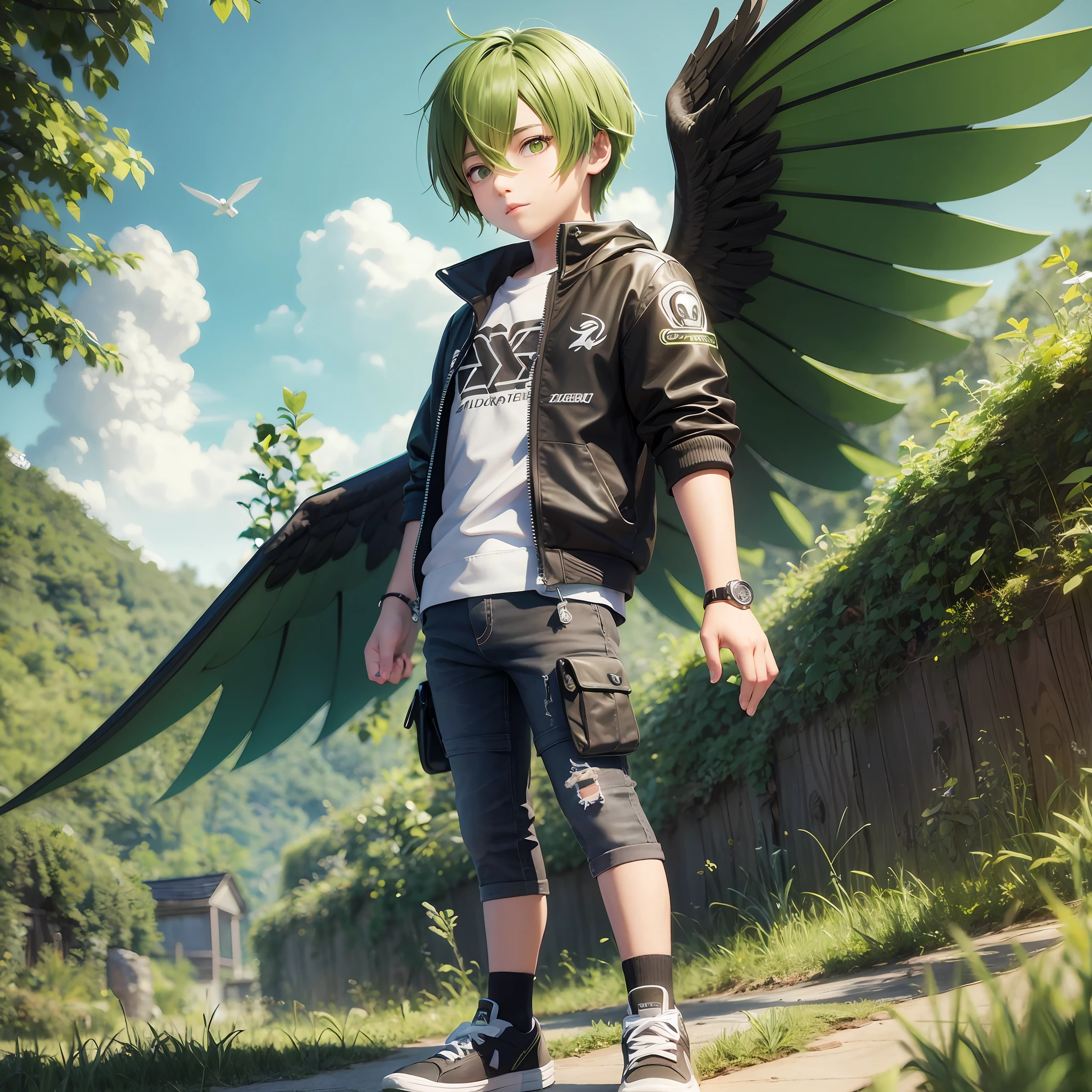 toon render keyshot, boy, kawai, 12 year old, green eyes, with wings --auto --s2