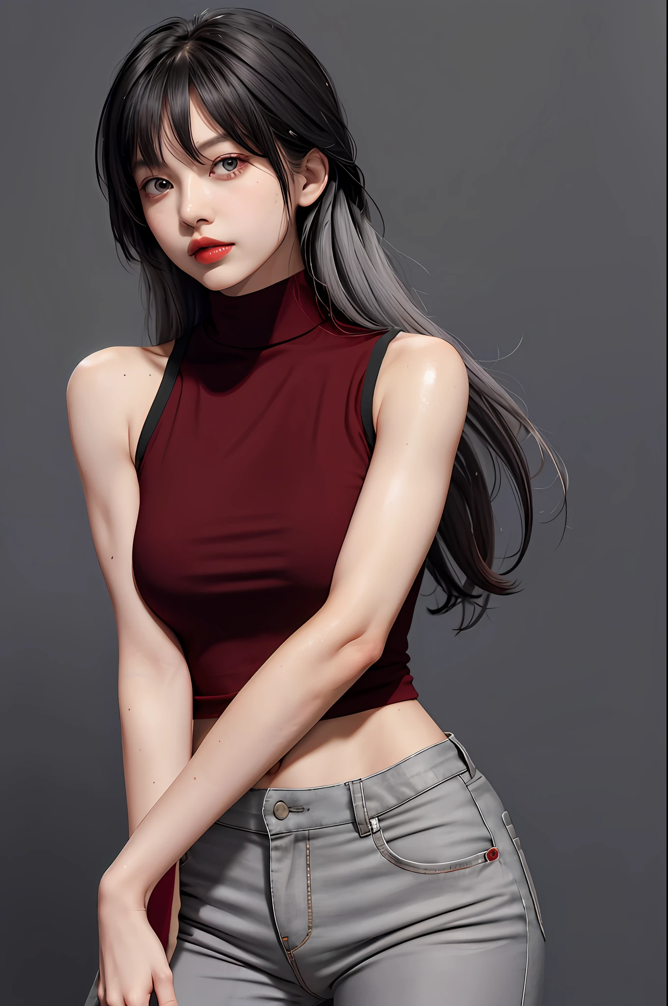 boy, bangs, bare shoulders, black pants, ass, gray background, hair between eyes, long hair, view viewer, pants, parted lips, red eyes, shirt, simple background, sleeveless, sleeveless shirt, solo, turtleneck, V-arms, gray hair, (shiny skin), (masterpiece: 1.4), (best quality: 1.4), ,,, Facigirl, red lips, perfect abs, navel, (: 1.5), sweat,