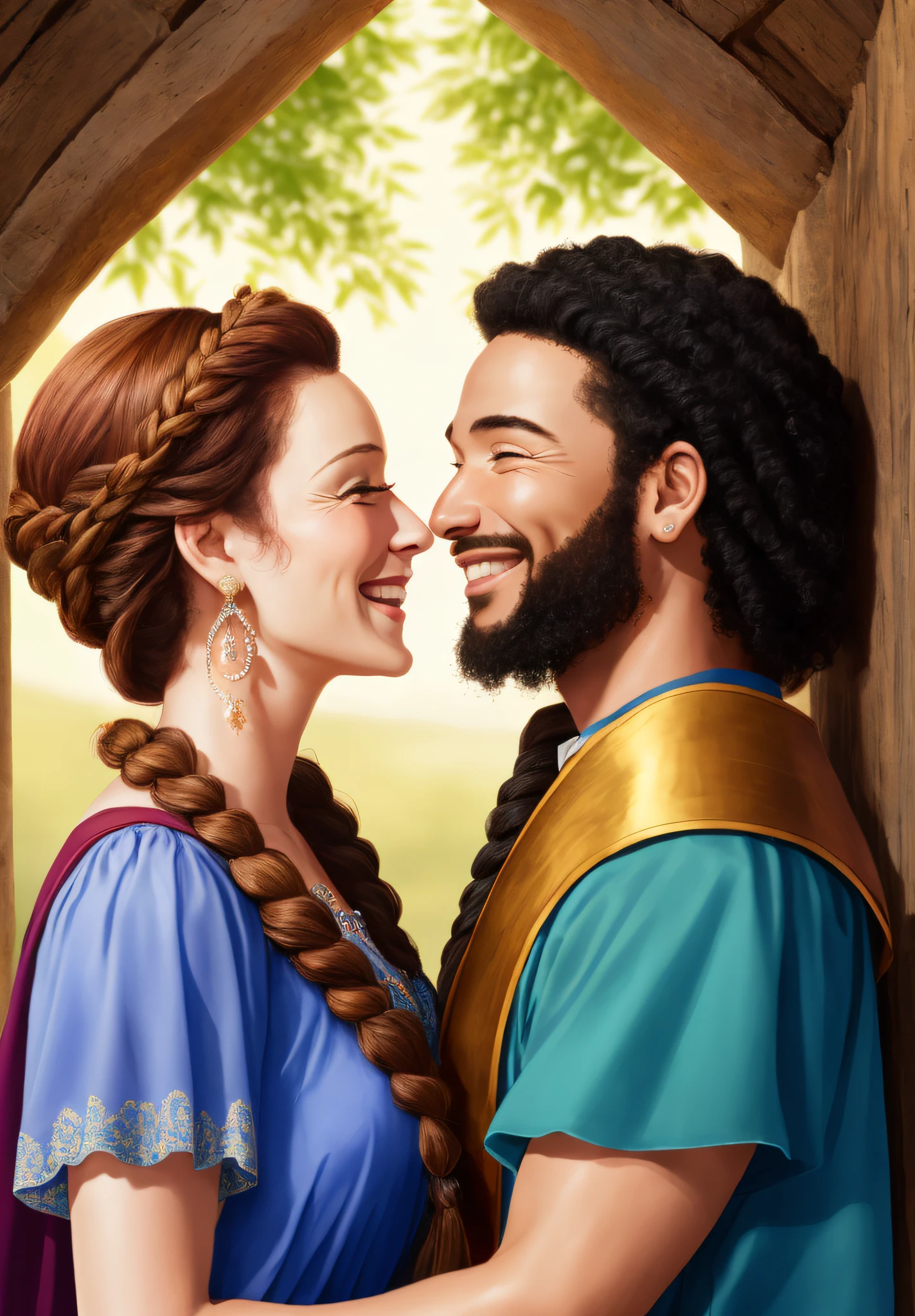 Happy biblical couple, smiling at each other, Ruth and Boaz