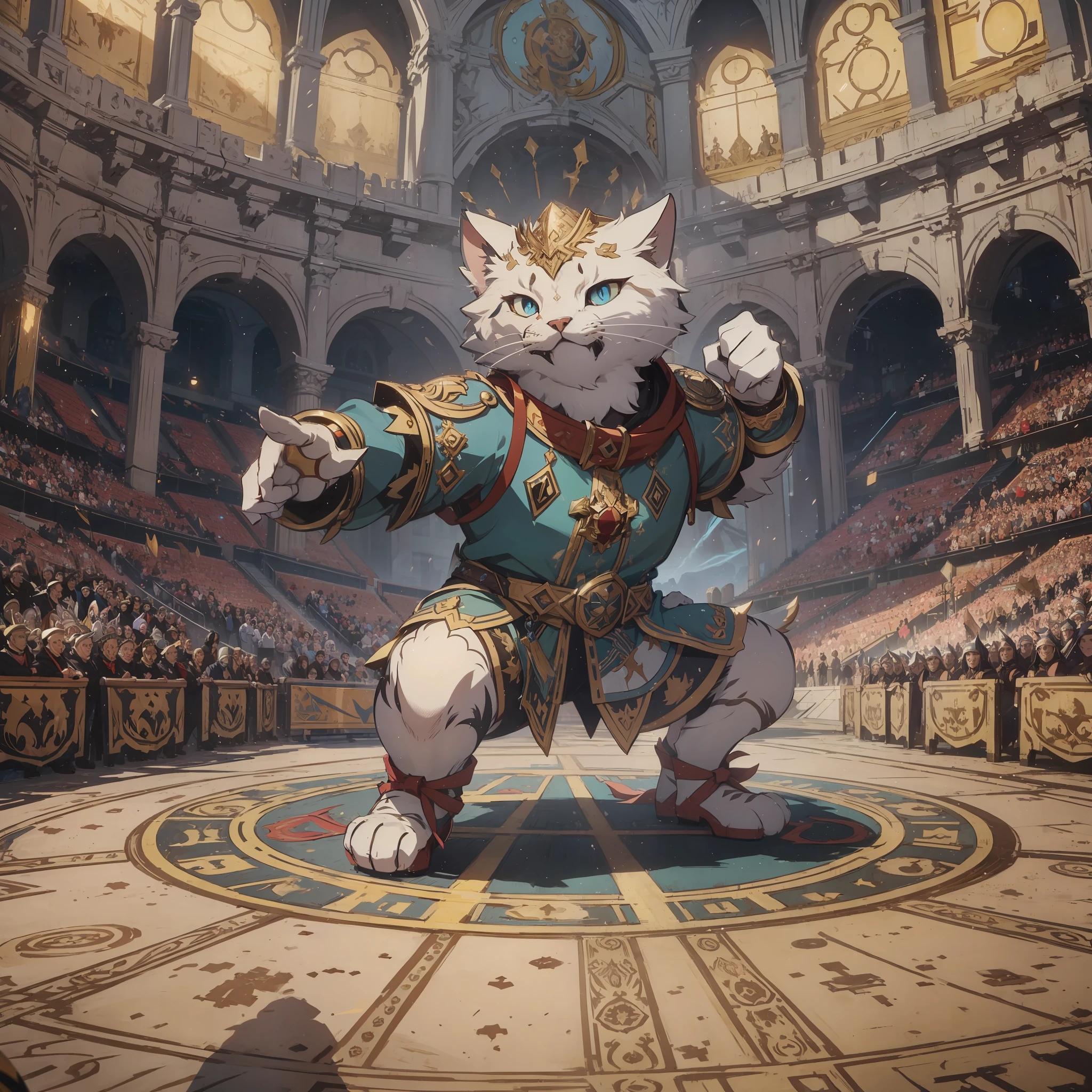 (masterpiece), best quality, ultra detailed, Dreams Work style of animation, a gladiator cat in the center of the stage, incredibly detailed and well animated, with a beautiful backdrop and perfect lighting. --auto --s2