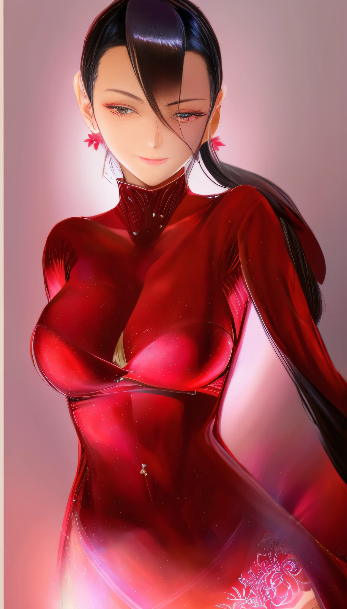 a drawing (((ultra realistic))) of a woman with black hair and large chest in a red dress embroidered with flowers very realistic, perfectly shaded body, real woman, clean subtle contours, white bra, female character, simple shading, anime sketch, seductive anime girl, upper half of body, realistic shaded perfect body, whole body;, anime shading), beautiful seductive woman, Side chest, thick contour, thick contours, 32k