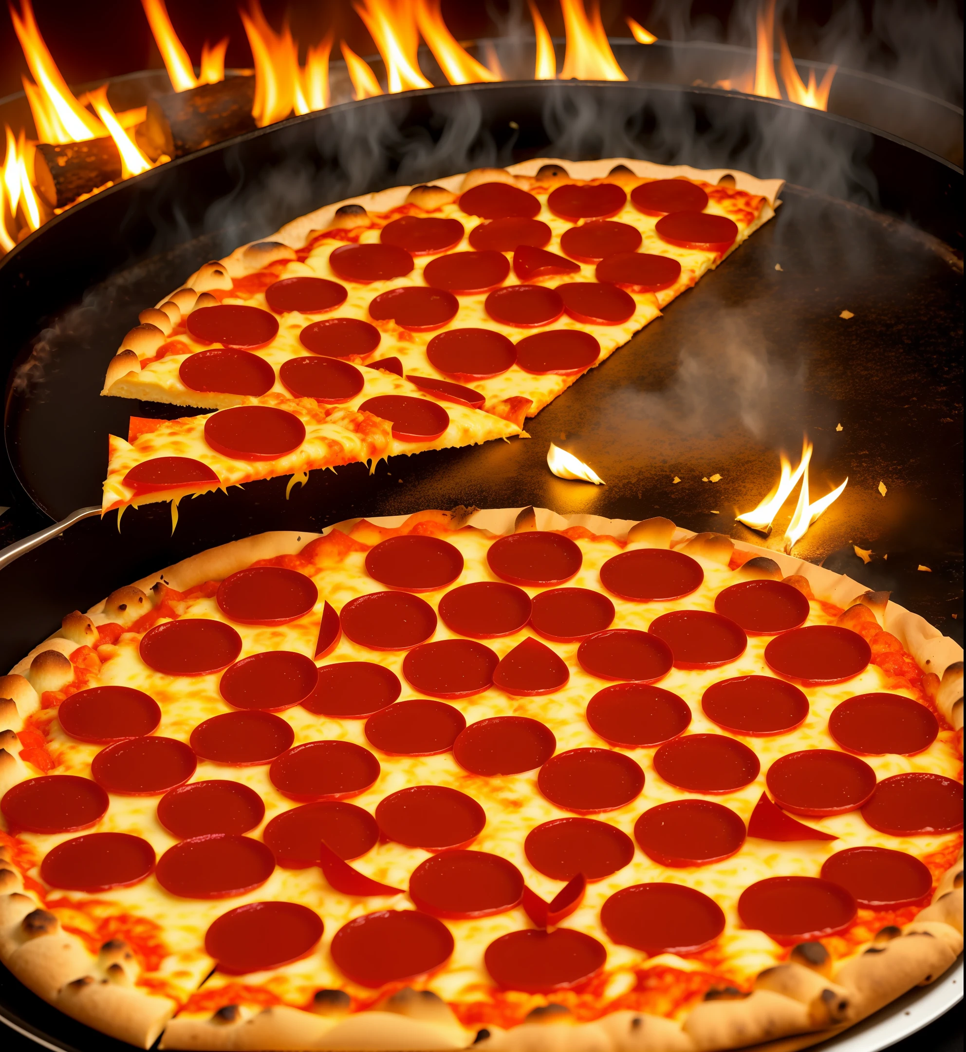 Family size pizza, Portuguese flavor, coming out smoke, dark background with fire texture