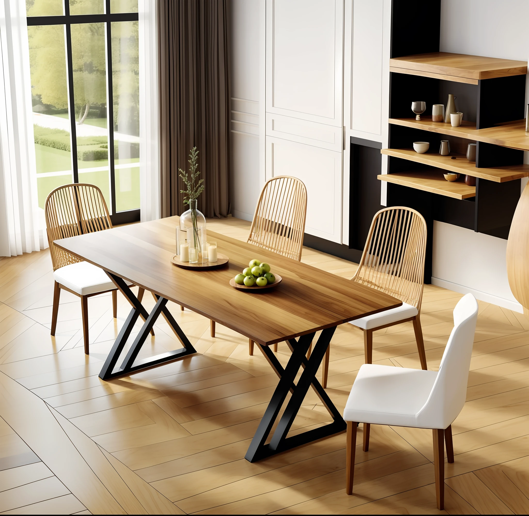 There is a table with chairs and a bowl of fruit, rectangular wooden table with black cross base large, wooden table, dining table, dining table, wooden table, high quality, wooden table, elegant and sophisticated, elegant furniture, smooth lines, powerful, table, 2021, 2 0 2 1, white kitchen table, 2022