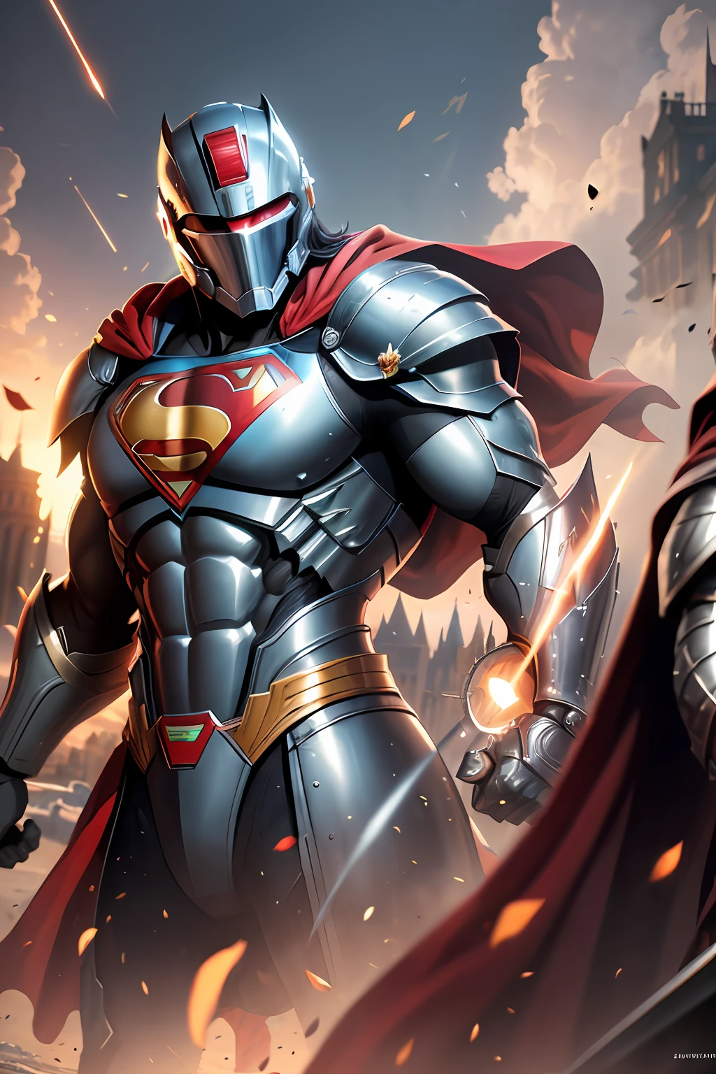 (masterpiece,8k hd wallpaper, ultrahd ) Superman has a medieval knight , darkvibes , superhigh definition , full metal body , use a spartan helmet .
