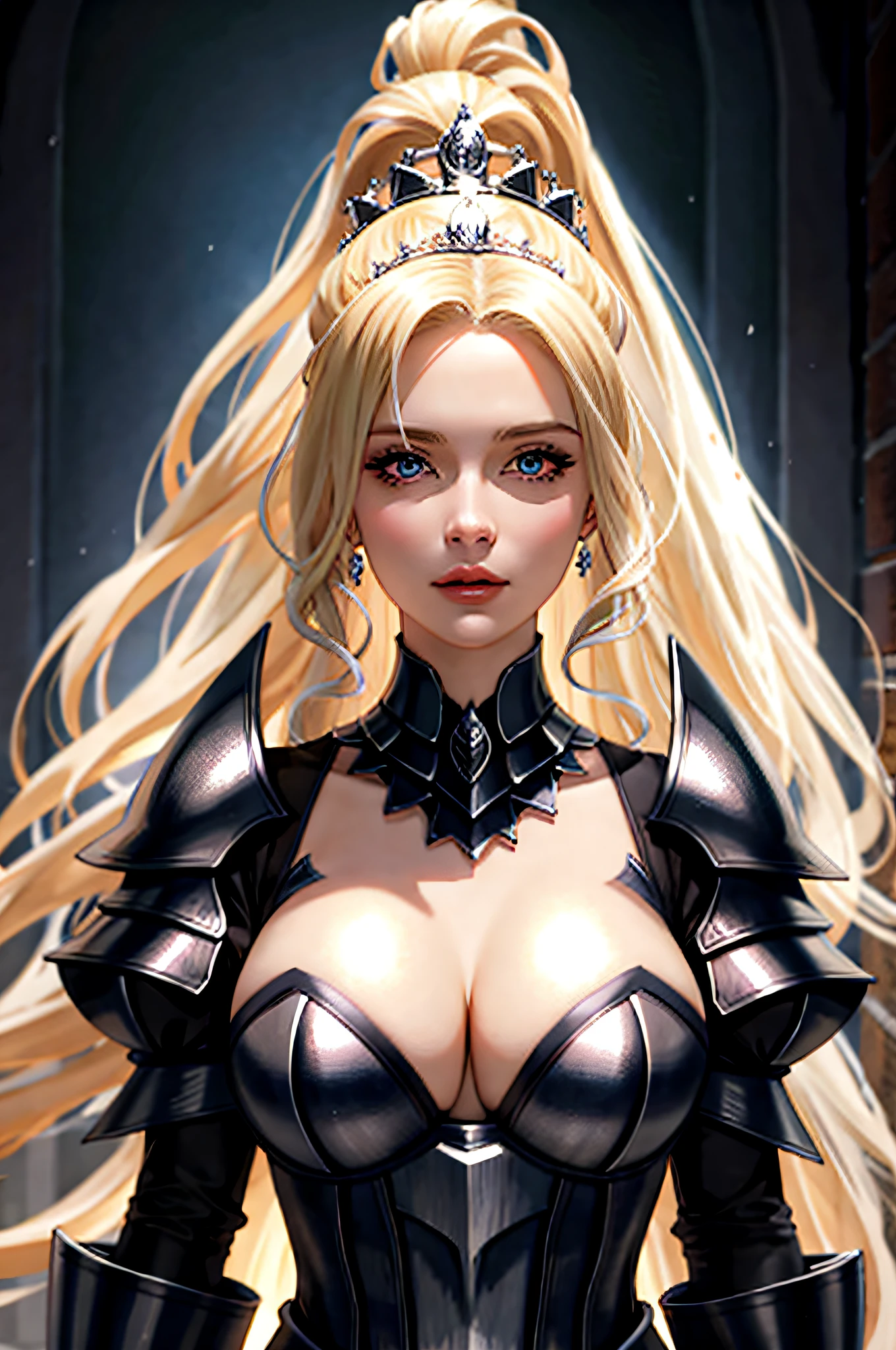 Queen, blonde hair, shy, big breasts, tiara, dark castle, silver eyes, ponytail, masterpiece, best quality, high quality, High definition, High quality texture, High quality shadow, high detail, beautiful detailed, finely detailed, extremely detailed cg, detailed texture, realistic facial expression, realistic, colorful, (intricate details, makeup, PureErosFace_V1:0.5), armor, sword and shield, knight