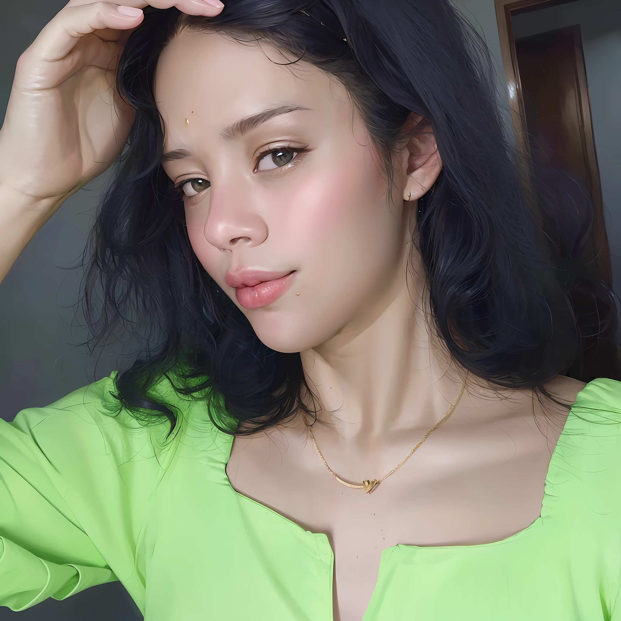 there is a woman that is looking at the camera with a green shirt, wearing gold detailed choker, selfie of a young woman, wearing gold chain, without makeup, portrait image, wearing a gold chain, leaked image, 8k selfie photograph, wearing several pendants, small heart - shaped face, gold necklace, ayahausca, selfie shot straight on angle