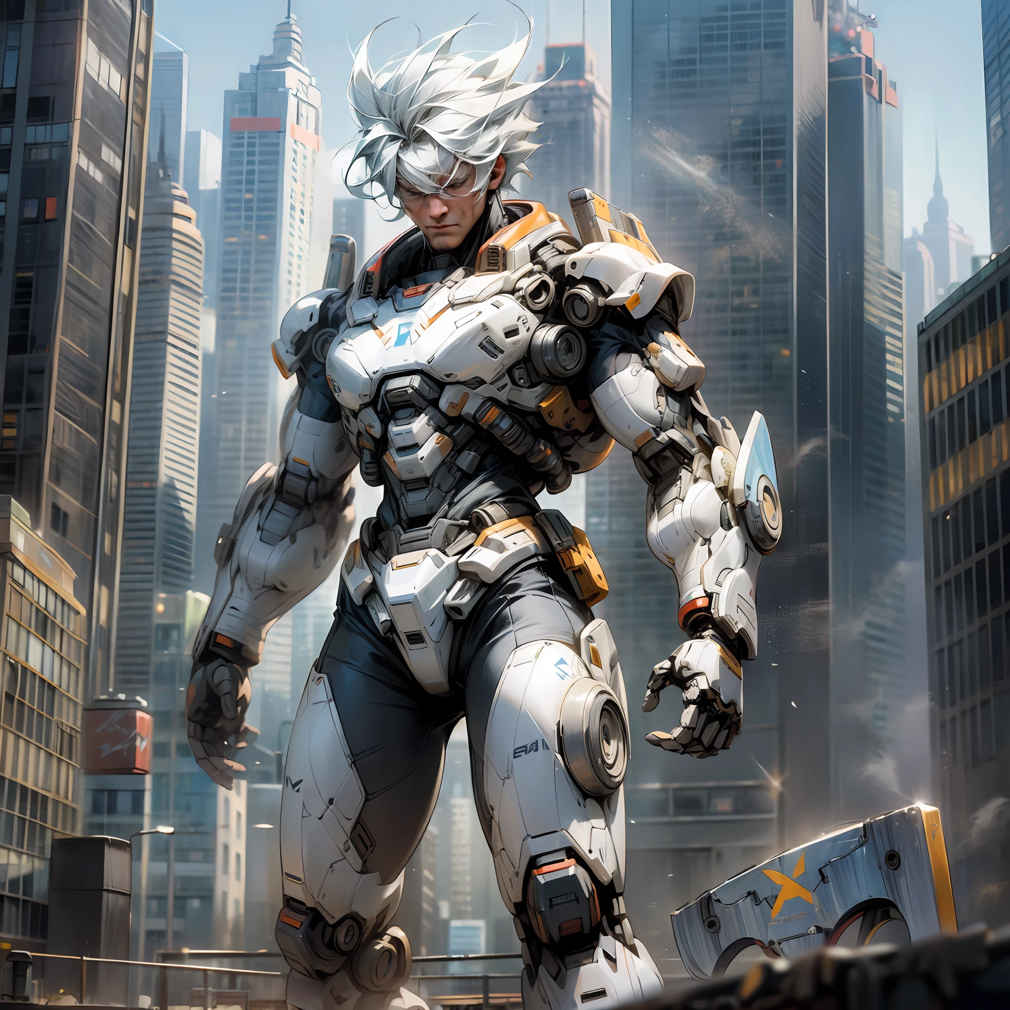 (Man in superhero outfit), (white hair), (robotic arm), (axe), (city background), 8k, hyperrealistic, masterpiece --auto --s2