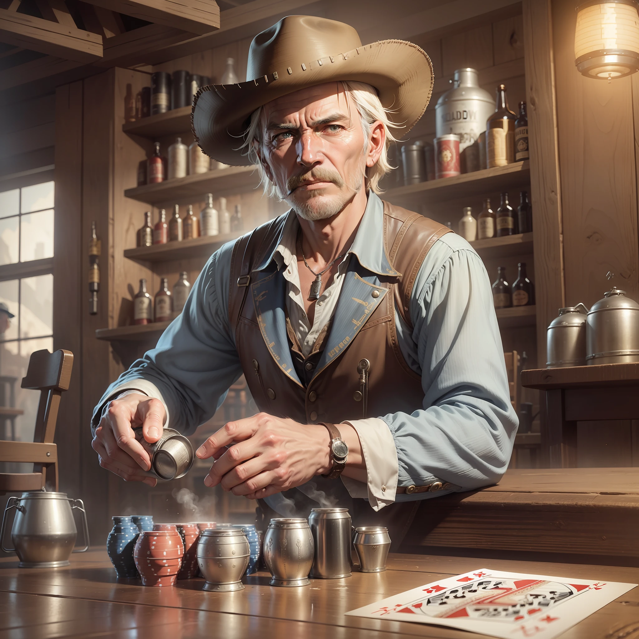 Old gunslinger,short hair in a saloon in the old west,playing piano,beer keg,table,poker,playing cards,dust,artwork,3D,4K,Detailed,Realistic
